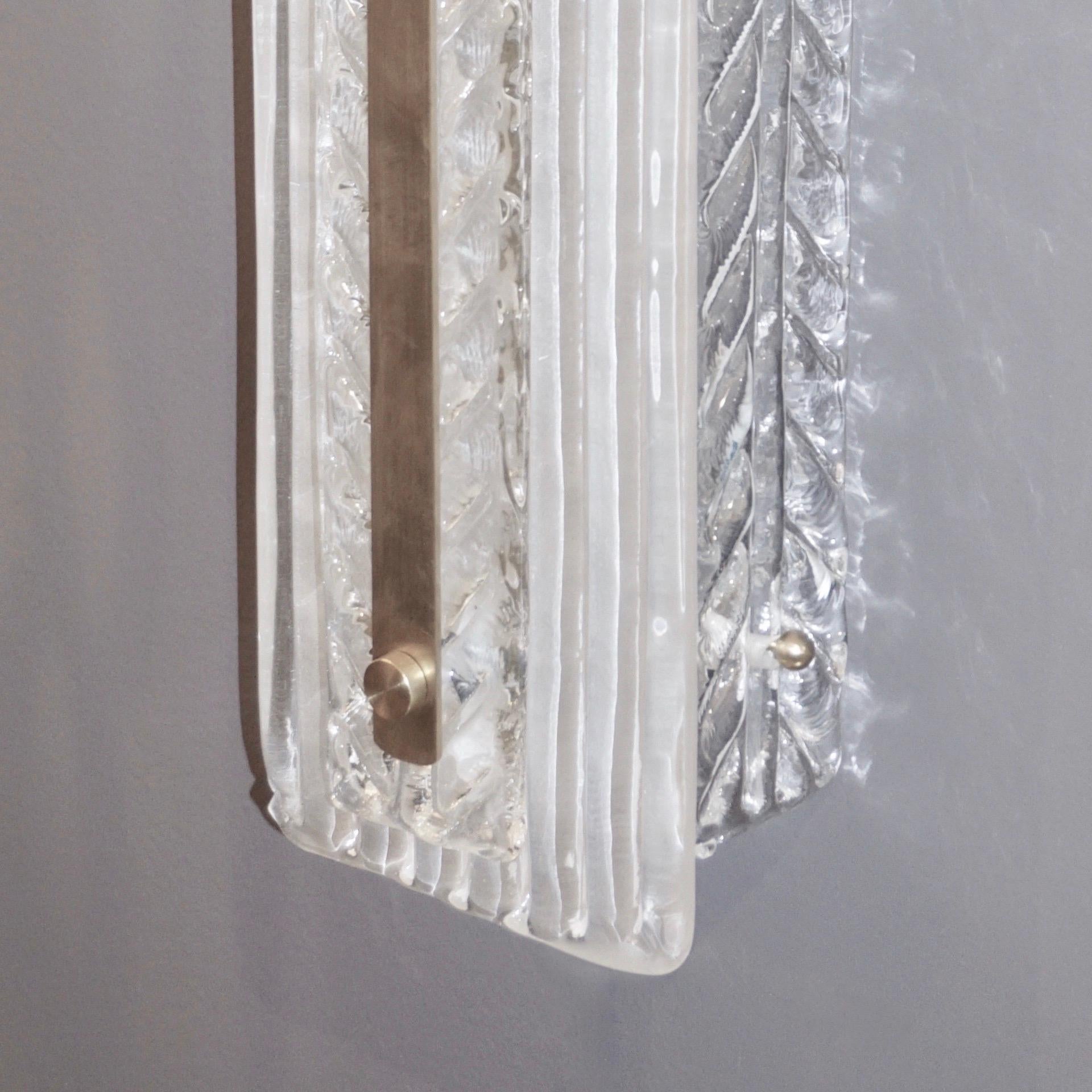 Contemporary Italian Modern Pair Tall White Crystal Leaf Textured Murano Glass Nickel Sconces