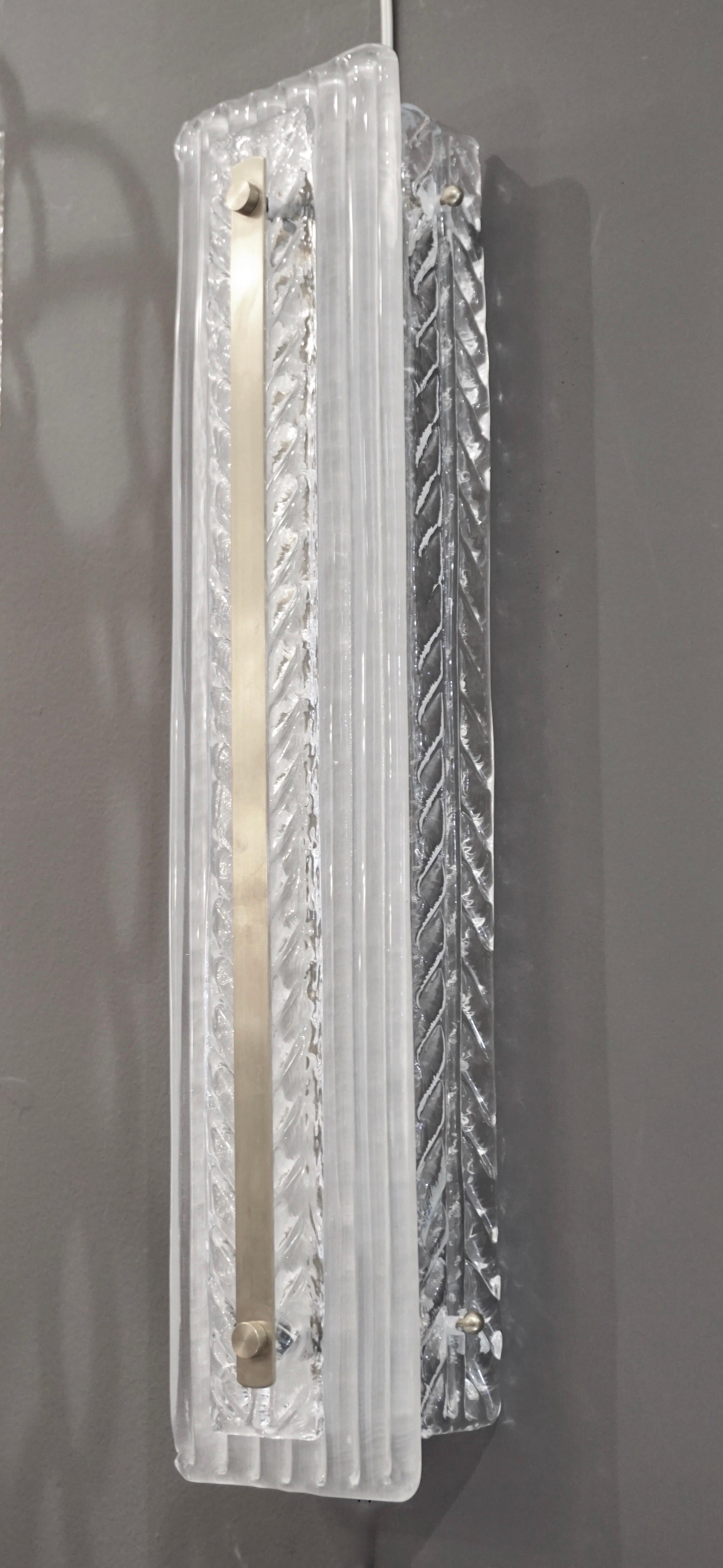Art Glass Italian Modern Pair Tall White Crystal Leaf Textured Murano Glass Nickel Sconces