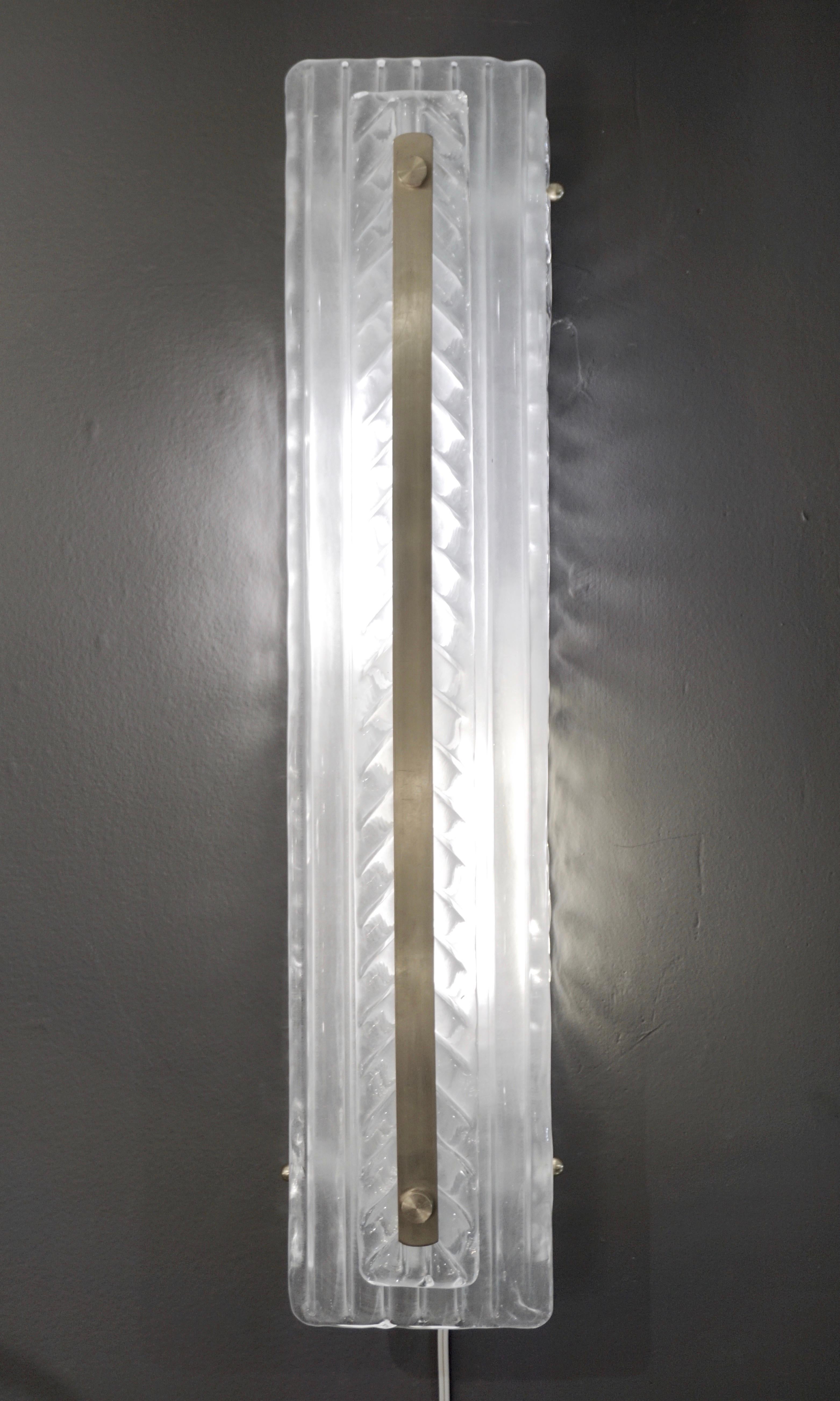Italian Modern Pair Tall White Crystal Leaf Textured Murano Glass Nickel Sconces 1