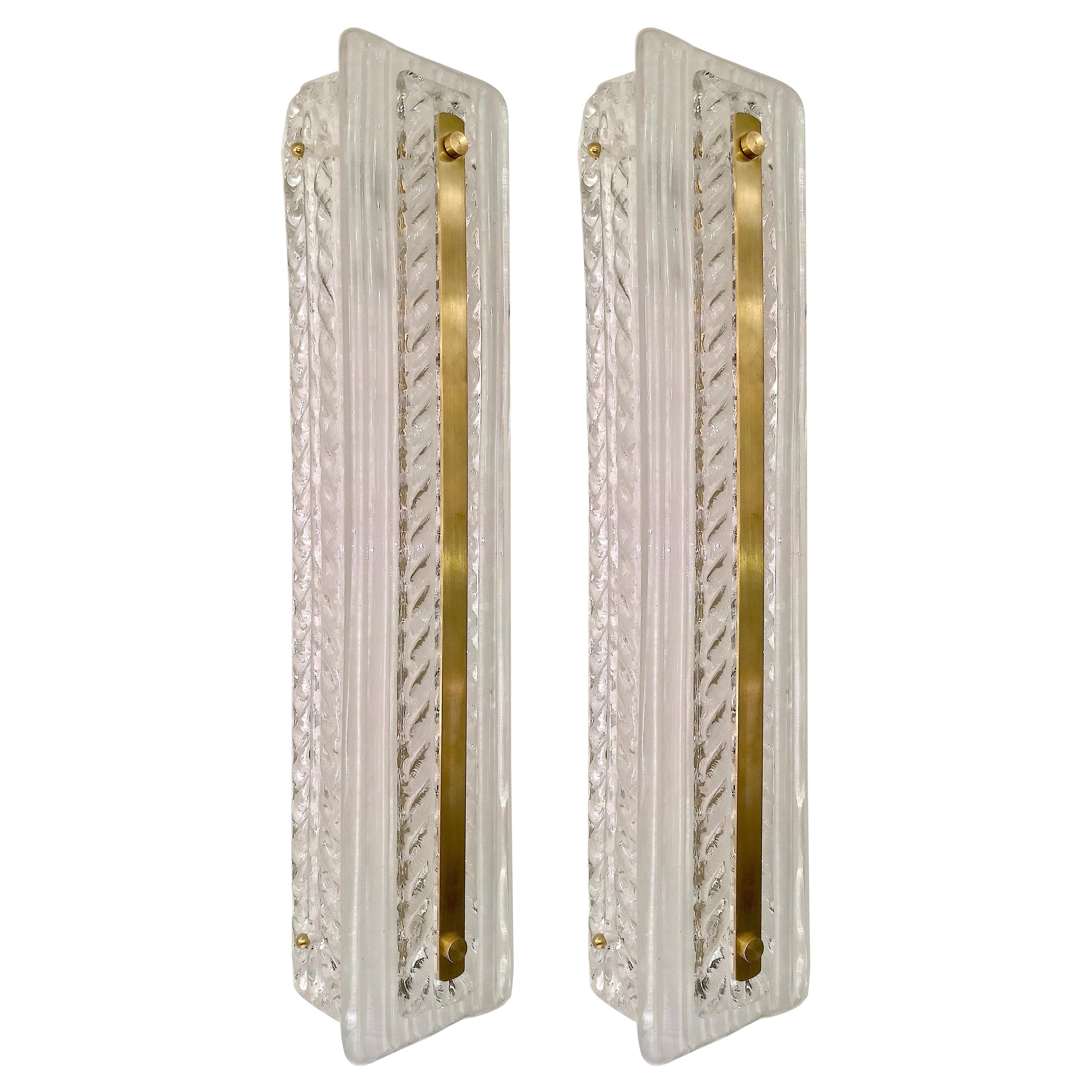 Italian Modern Pair Tall White Crystal Clear Leaf Textured Murano Brass Sconces For Sale