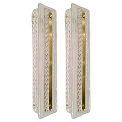 Italian Modern Pair Tall White Crystal Clear Leaf Textured Murano Brass Sconces