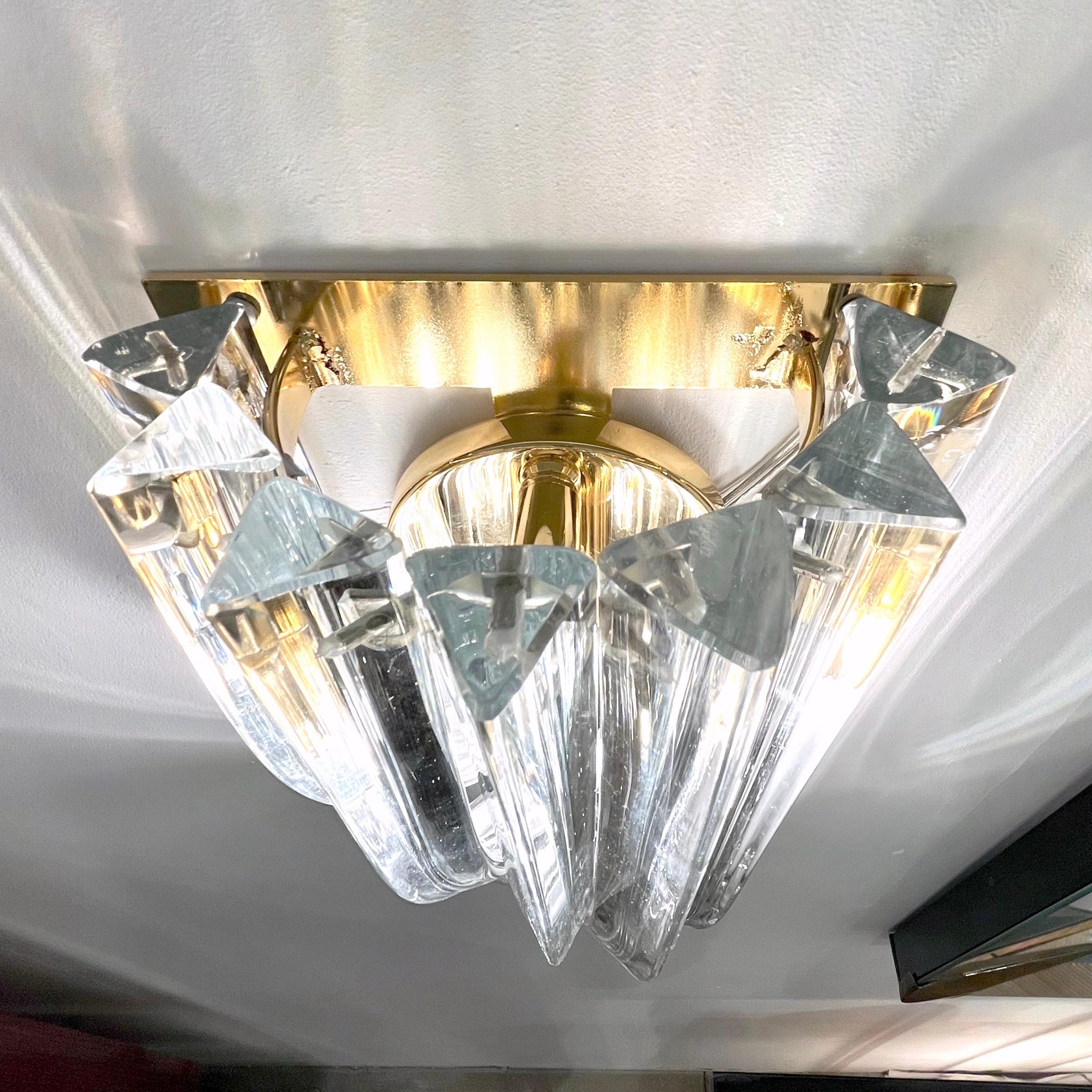Italian Modern Pair of Translucent Crystal Murano Glass Brass Curved Sconces For Sale 5