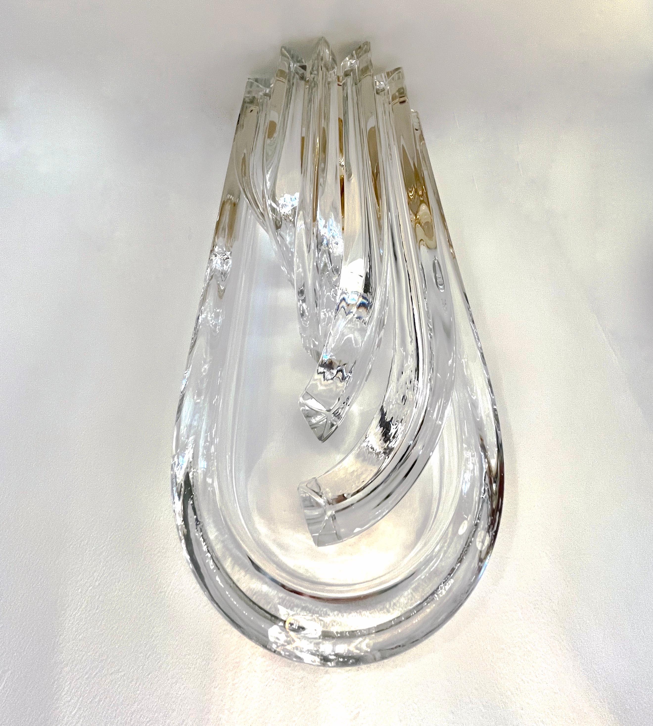 Italian Modern Pair of Translucent Crystal Murano Glass Brass Curved Sconces For Sale 6