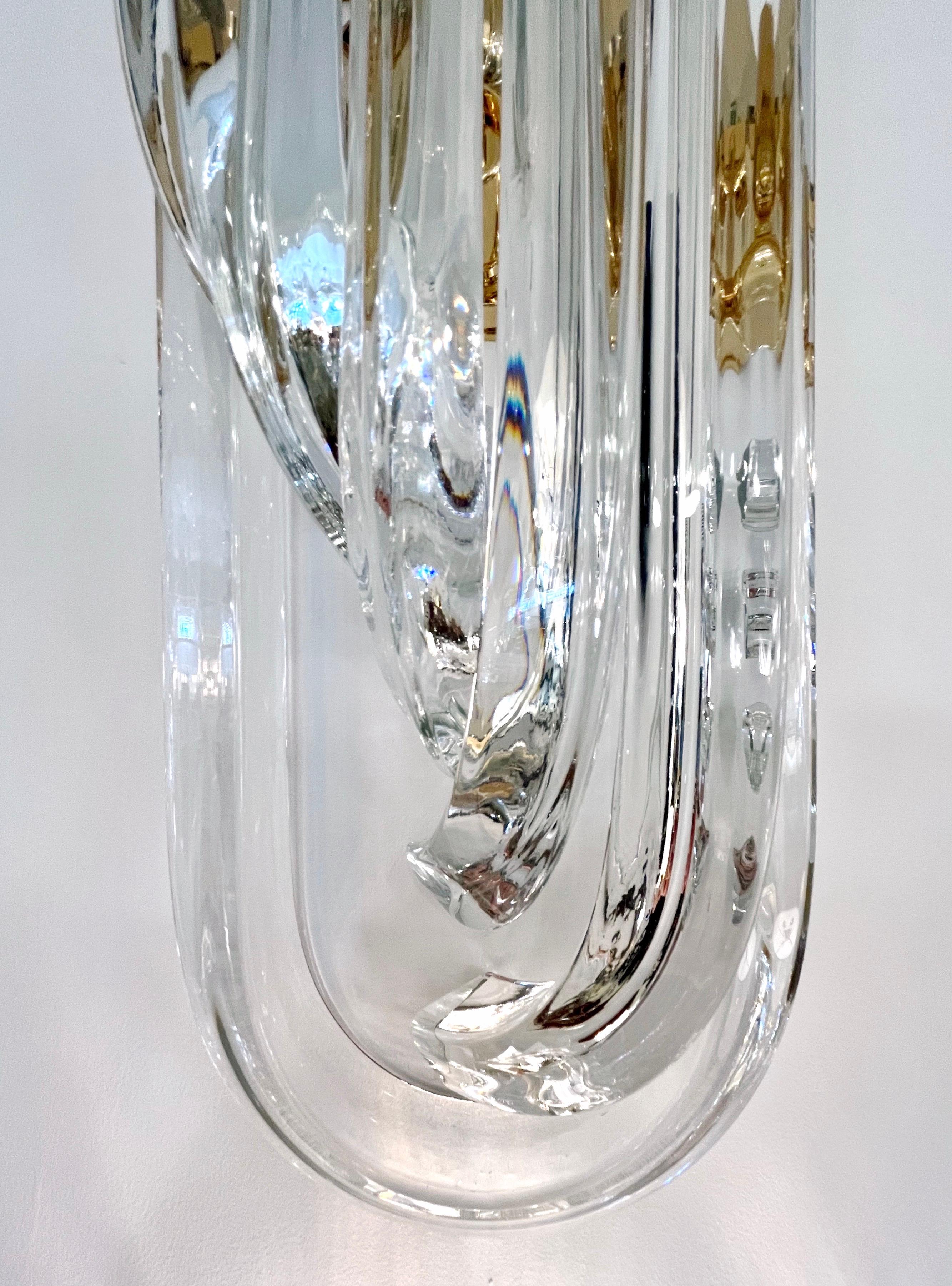 Italian Modern Pair of Translucent Crystal Murano Glass Brass Curved Sconces For Sale 7