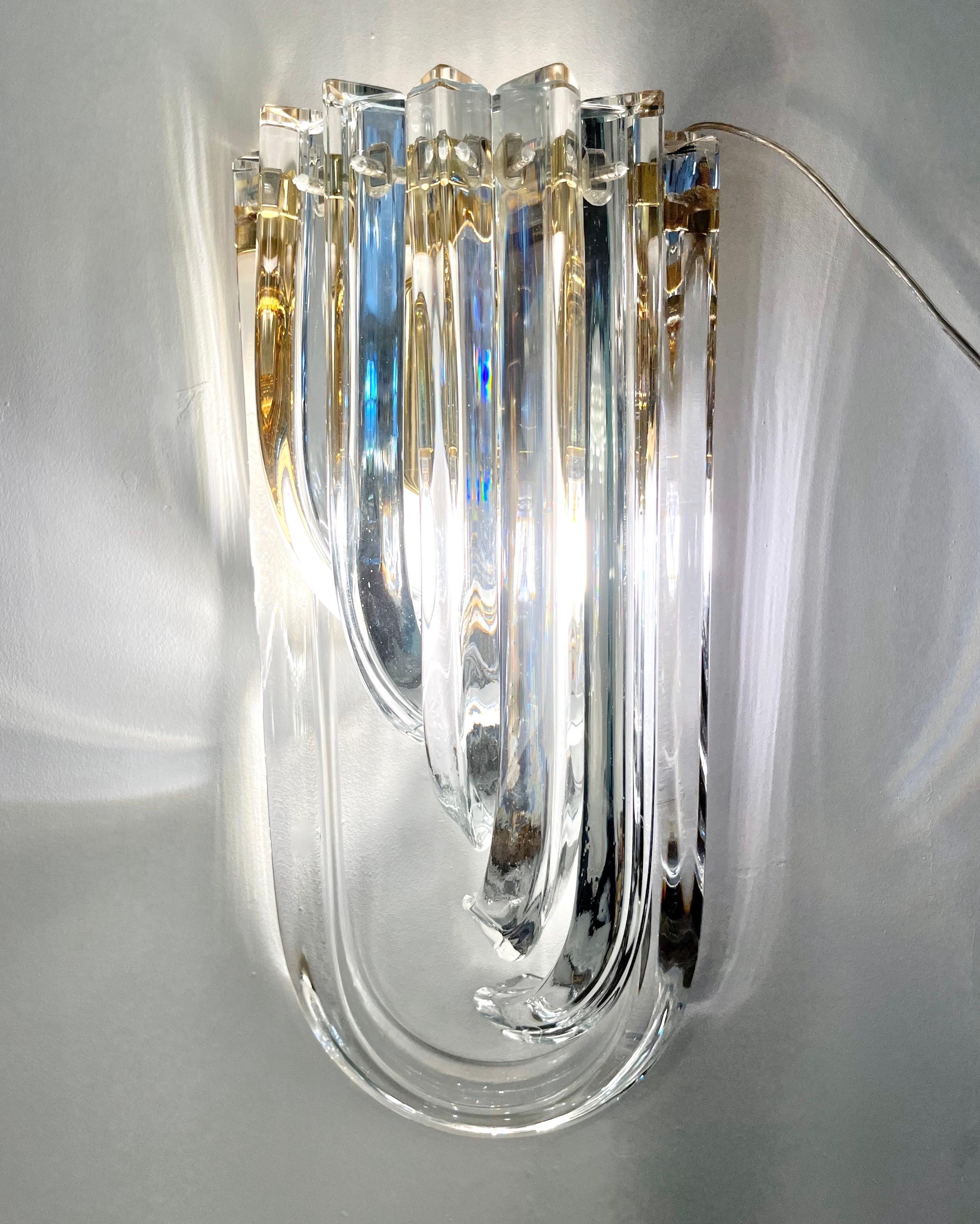 Italian Modern Pair of Translucent Crystal Murano Glass Brass Curved Sconces For Sale 9