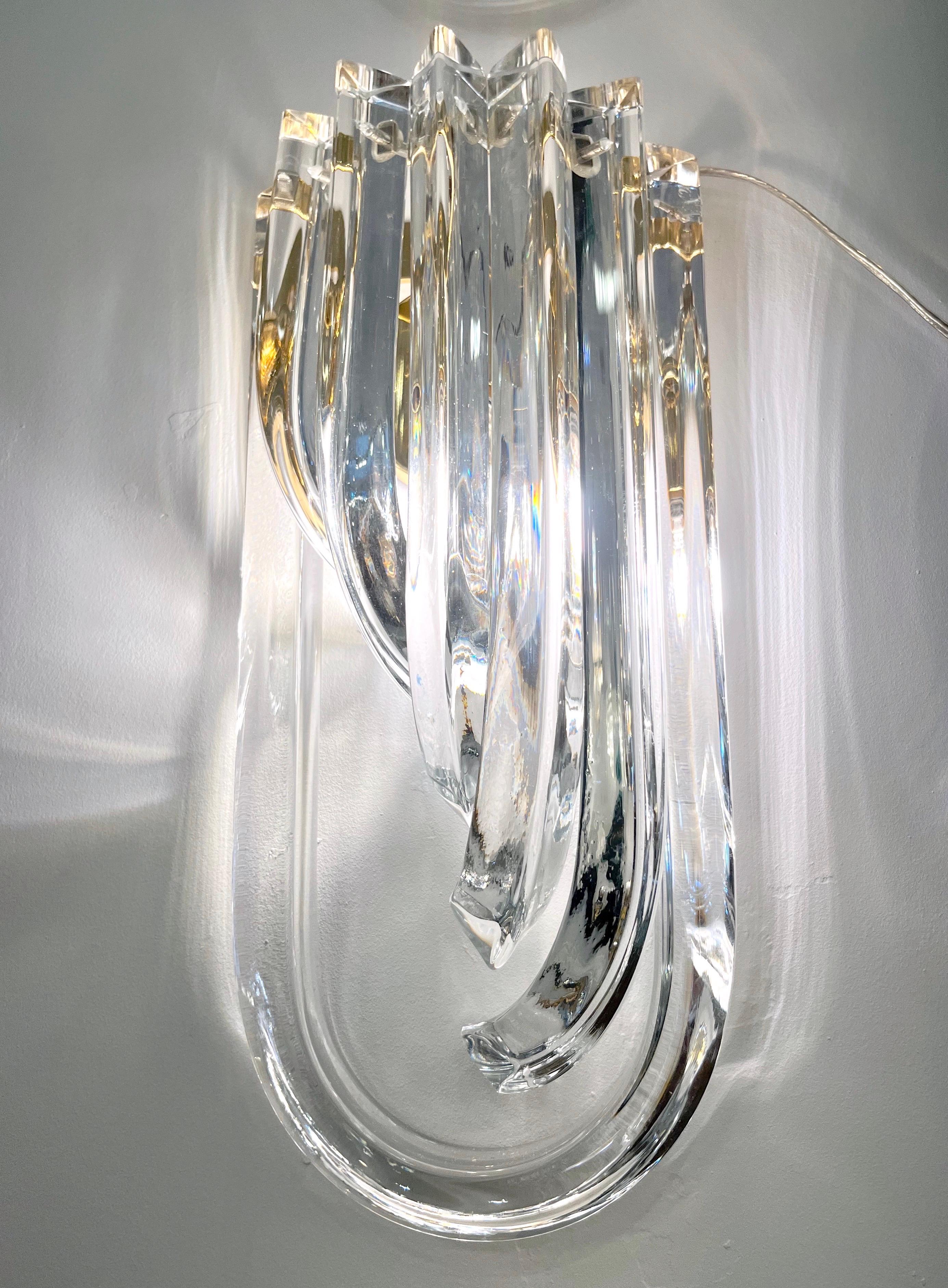Italian Modern Pair of Translucent Crystal Murano Glass Brass Curved Sconces For Sale 10