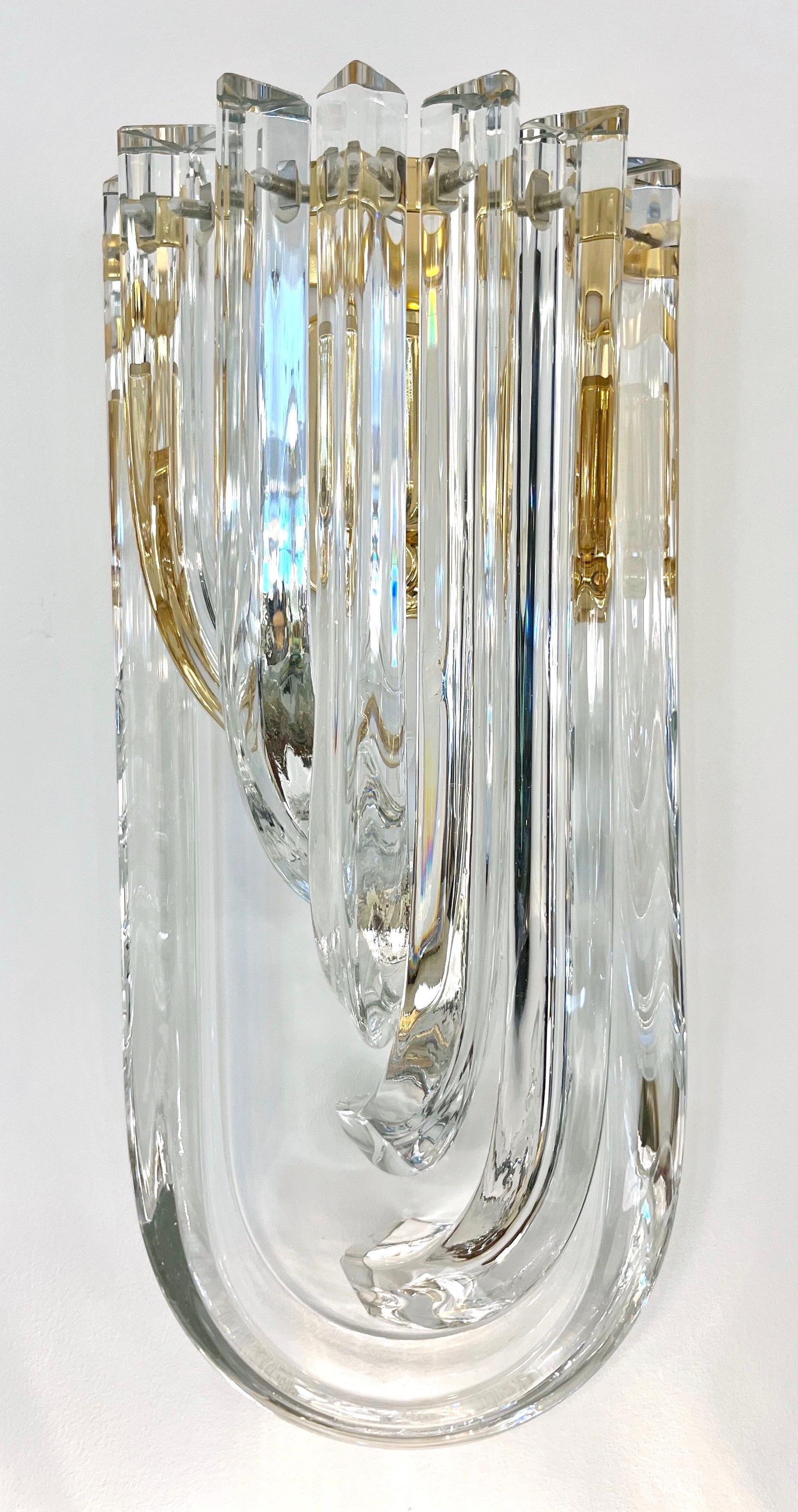 Italian Modern Pair of Translucent Crystal Murano Glass Brass Curved Sconces For Sale 10