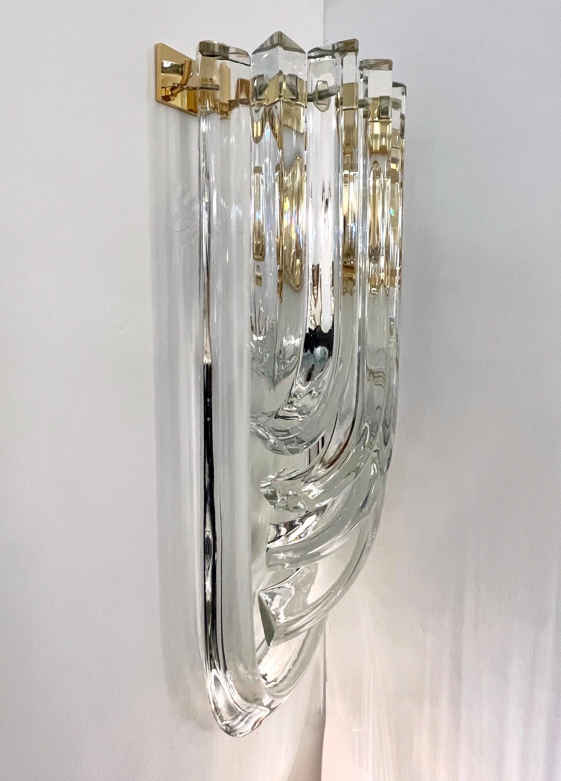 Organic Modern Italian Modern Pair of Translucent Crystal Murano Glass Brass Curved Sconces For Sale