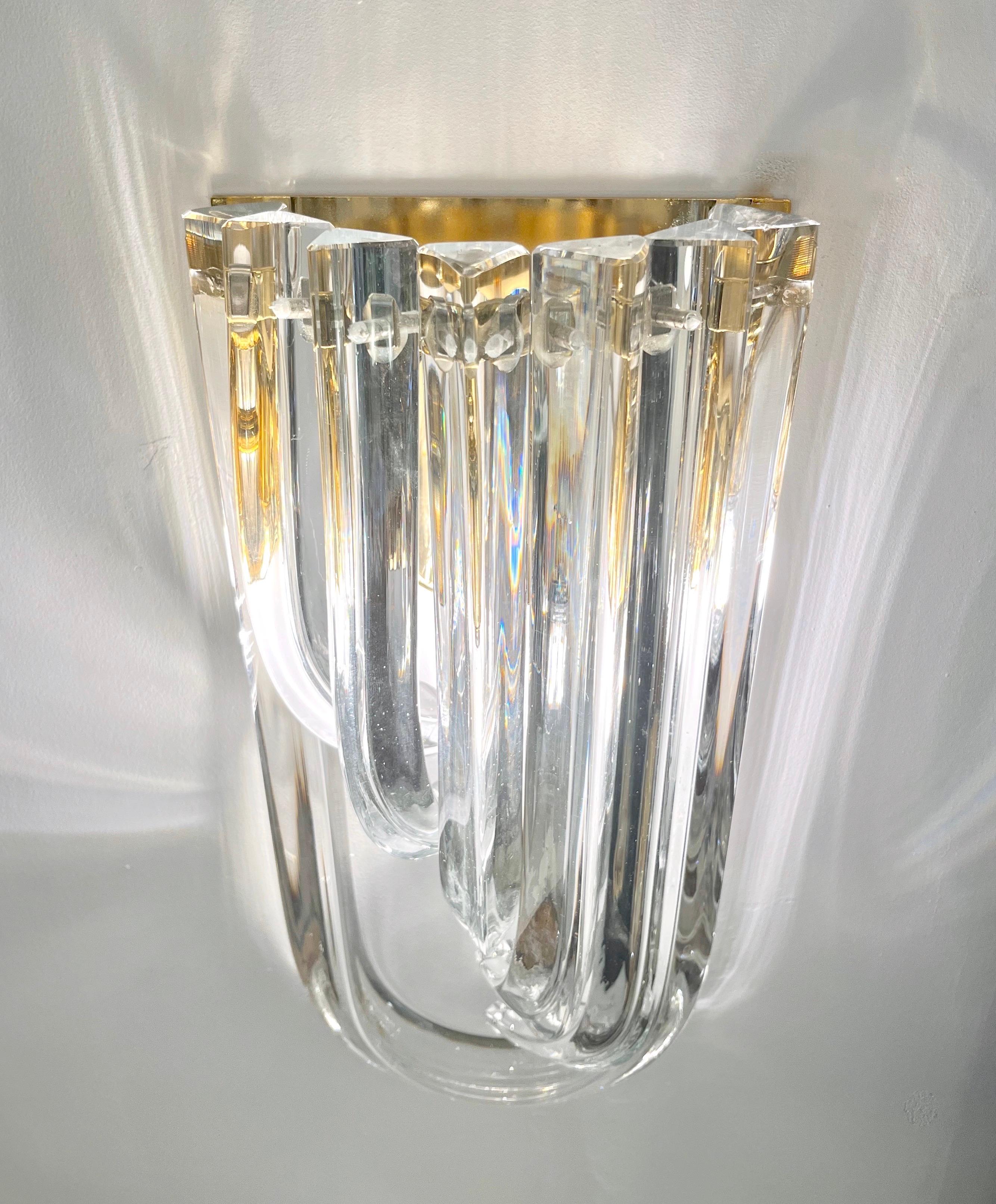 Hand-Crafted Italian Modern Pair of Translucent Crystal Murano Glass Brass Curved Sconces For Sale