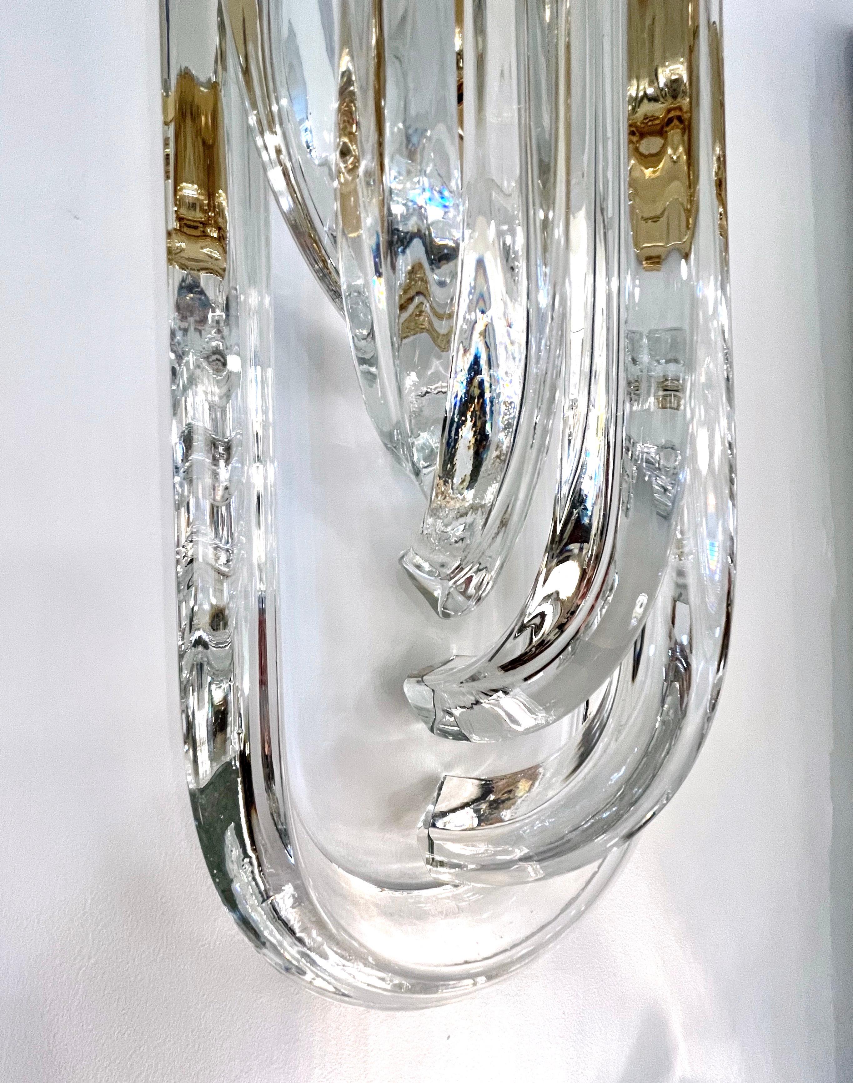 Contemporary Italian Modern Pair of Translucent Crystal Murano Glass Brass Curved Sconces For Sale