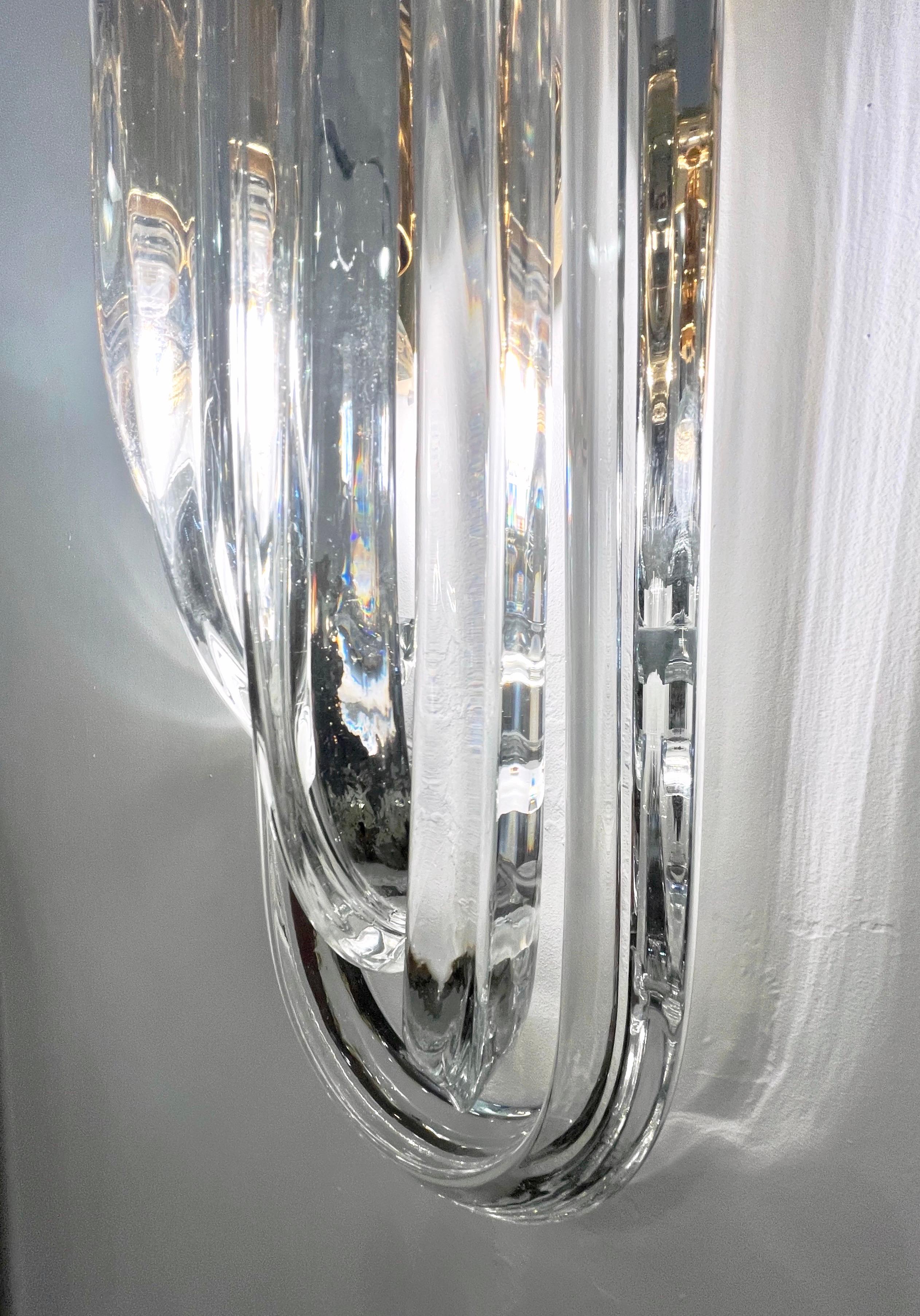 Metal Italian Modern Pair of Translucent Crystal Murano Glass Brass Curved Sconces For Sale