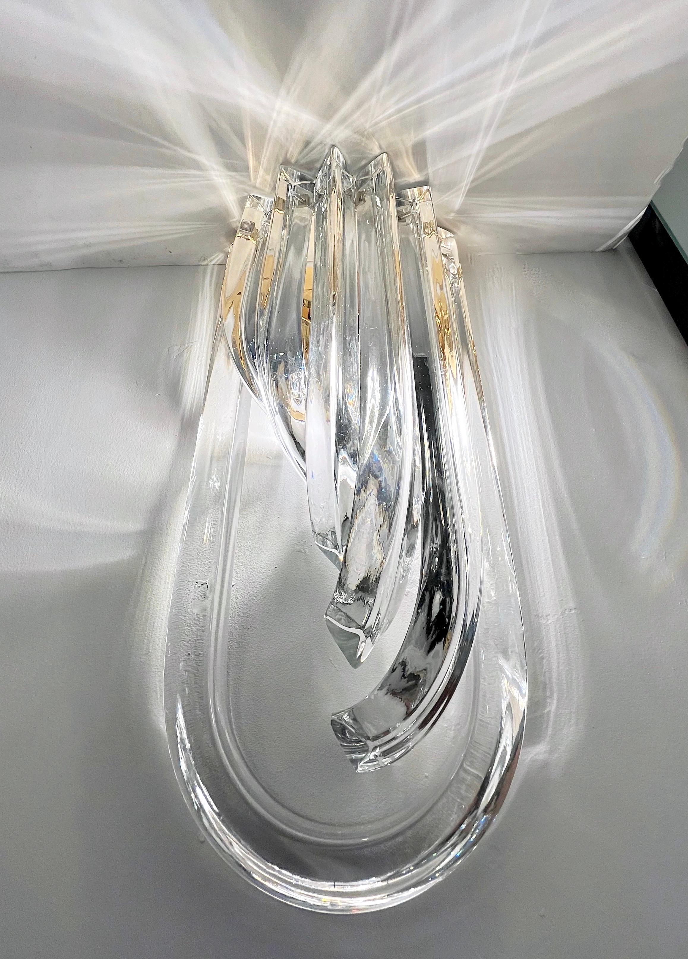 Italian Modern Pair of Translucent Crystal Murano Glass Brass Curved Sconces For Sale 2