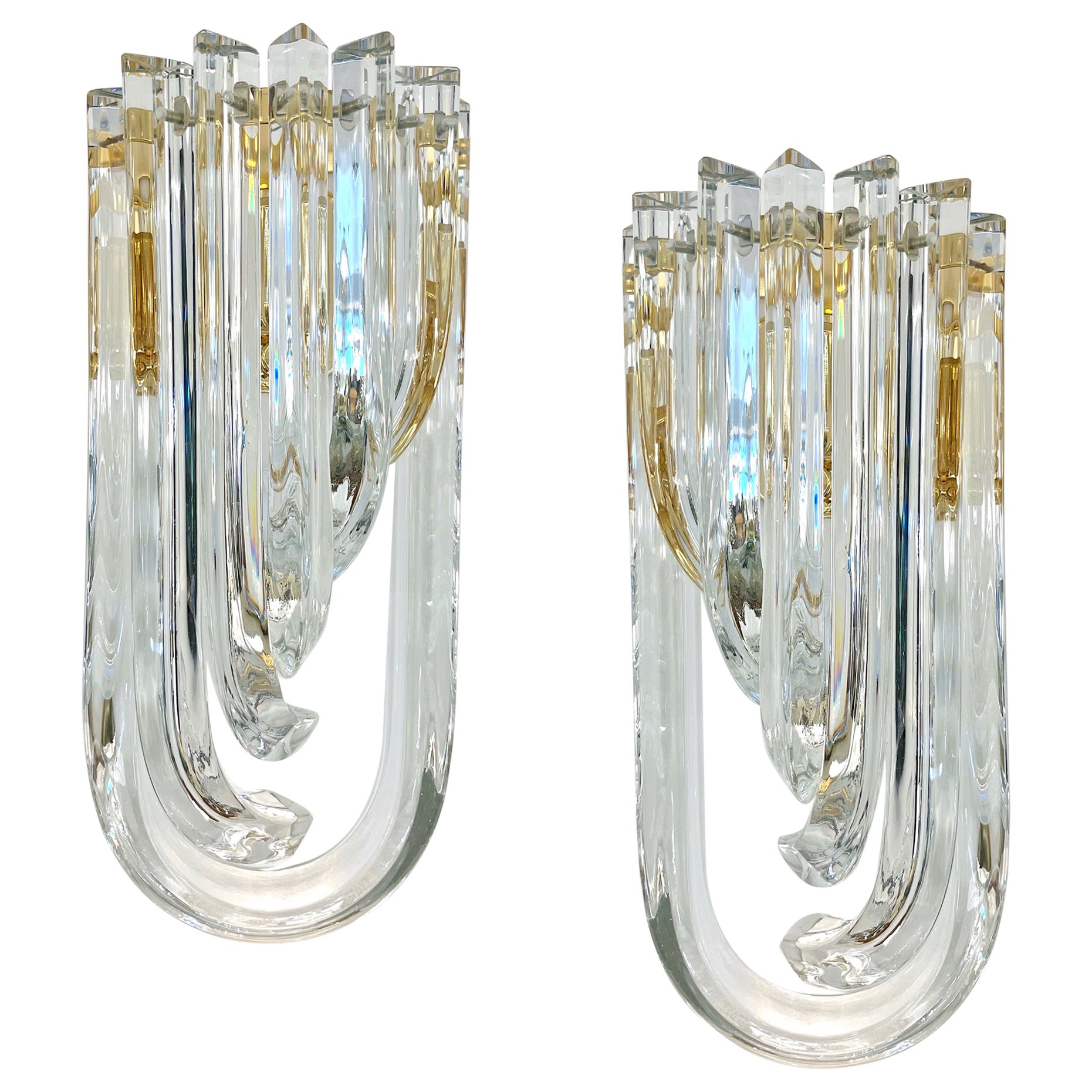 Italian Modern Pair of Translucent Crystal Murano Glass Brass Curved Sconces