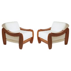 Italian Modern Pair of Walnut Armchairs Upholstered in Curly Shearling