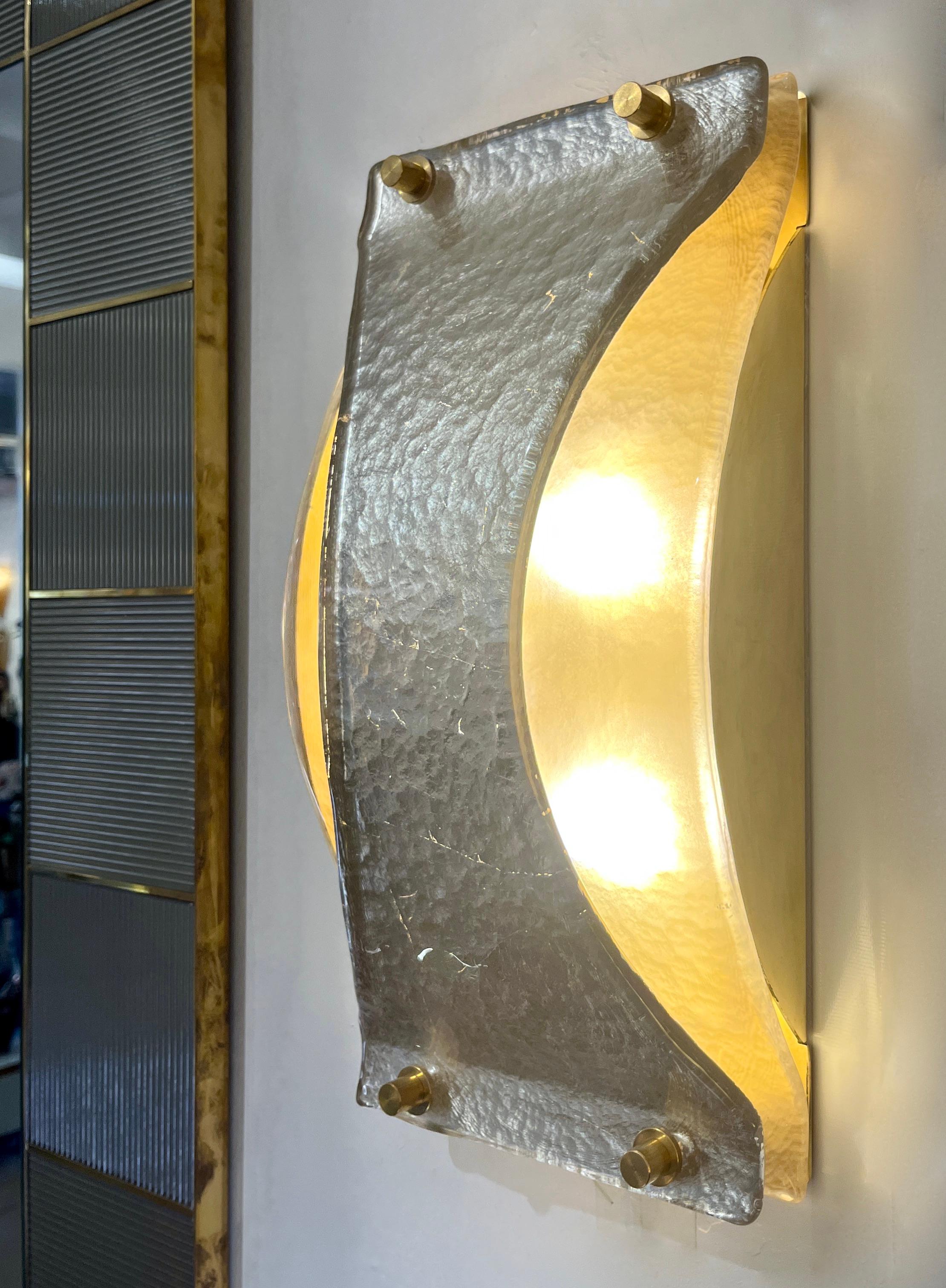Italian Modern Pair Silver Leaf Smoked Murano Glass Organic Design Brass Sconces For Sale 7