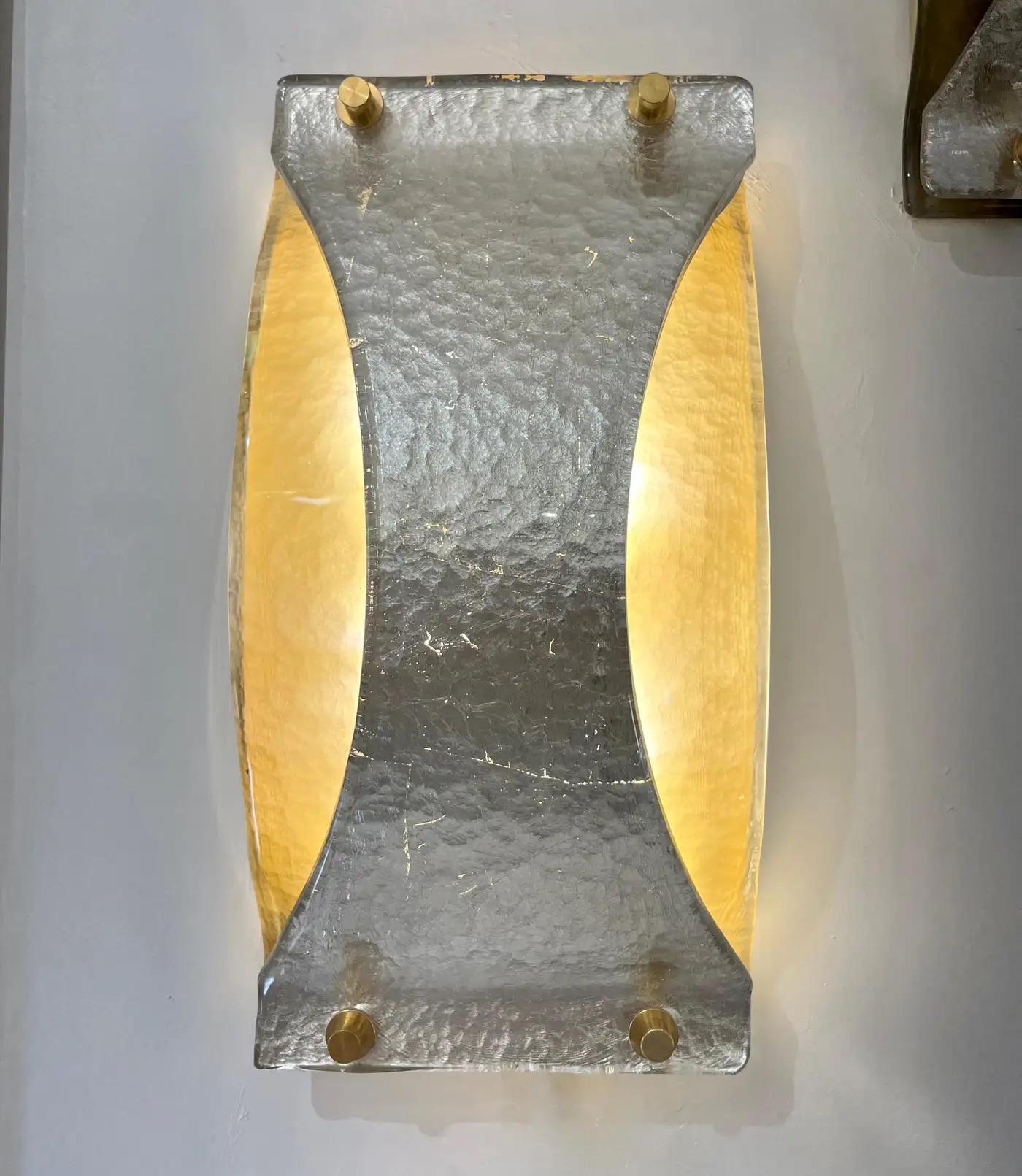 Italienische Moderne Paar Silber Blatt geräuchert Murano Glas Organisches Design Messing Wandleuchten im Angebot 8