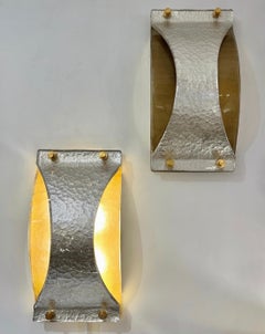 Italian Modern Pair Silver Leaf Smoked Murano Glass Organic Design Brass Sconces