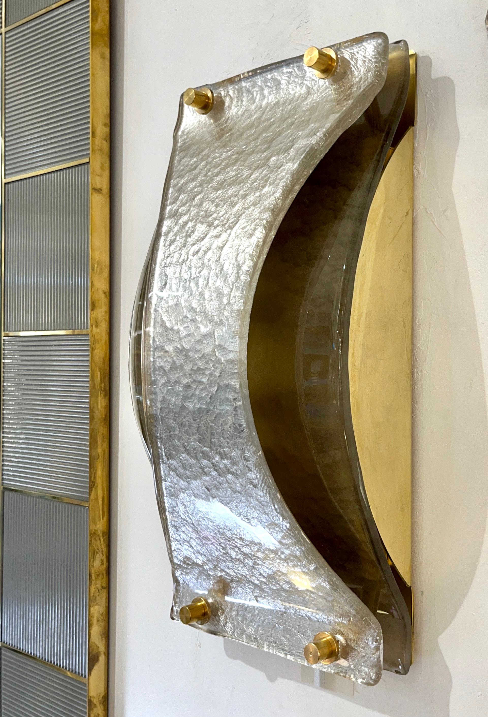 Organic Modern Italian Modern Pair Silver Leaf Smoked Murano Glass Organic Design Brass Sconces For Sale