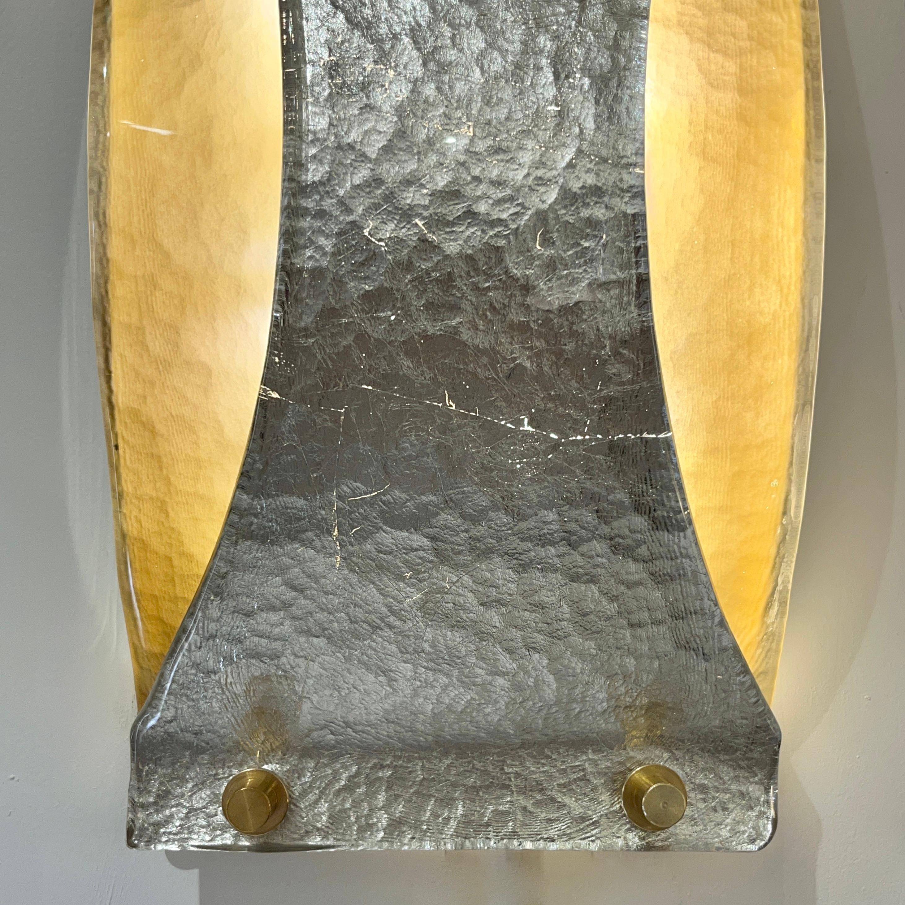 Hand-Crafted Italian Modern Pair Silver Leaf Smoked Murano Glass Organic Design Brass Sconces For Sale