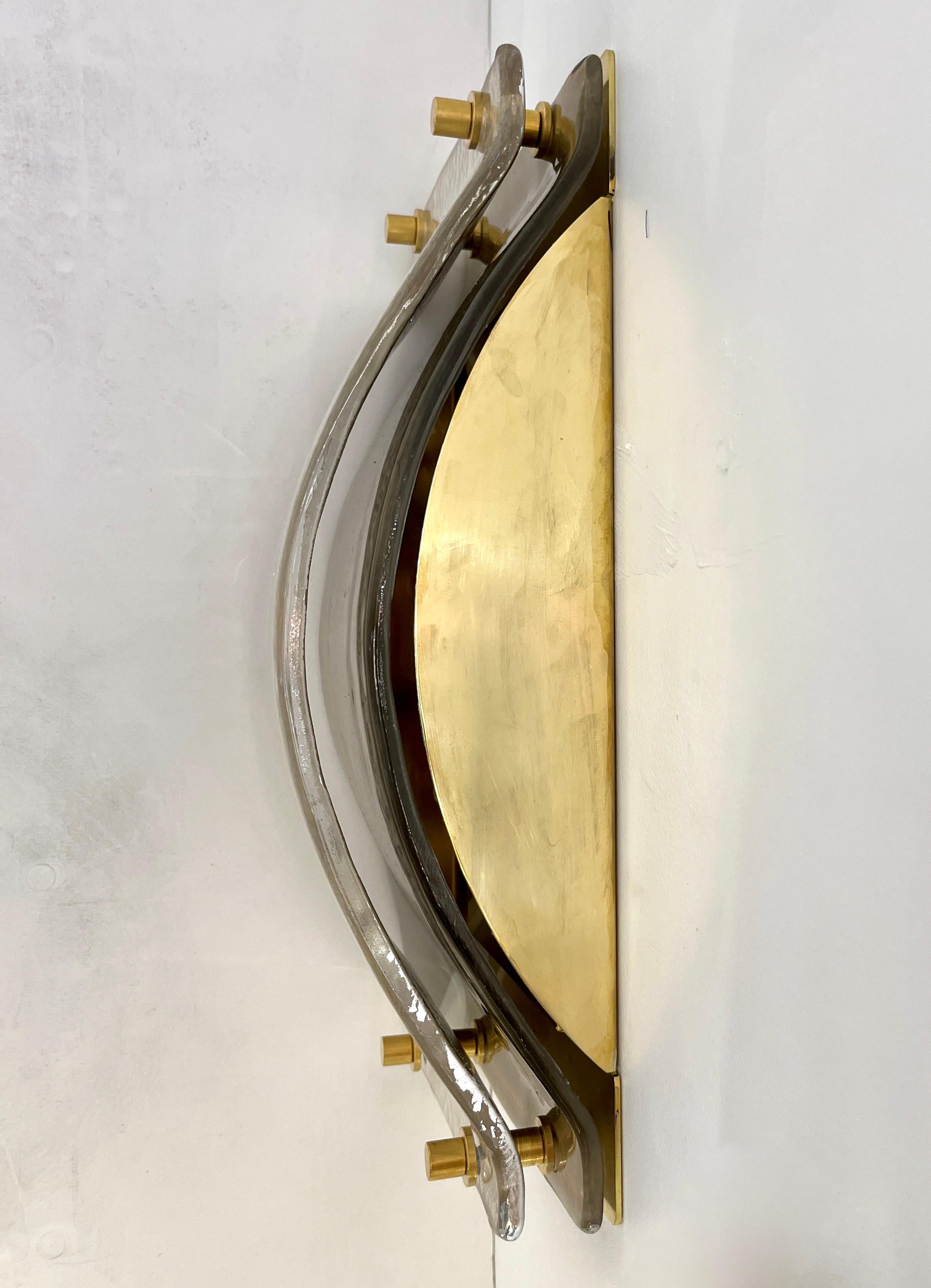 Contemporary Italian Modern Pair Silver Leaf Smoked Murano Glass Organic Design Brass Sconces For Sale