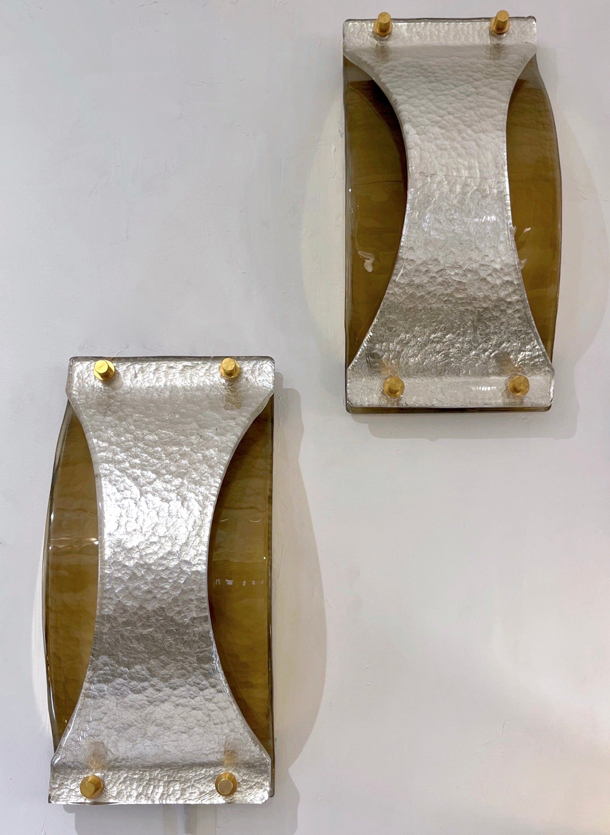 Italian Modern Pair Silver Leaf Smoked Murano Glass Organic Design Brass Sconces For Sale 2
