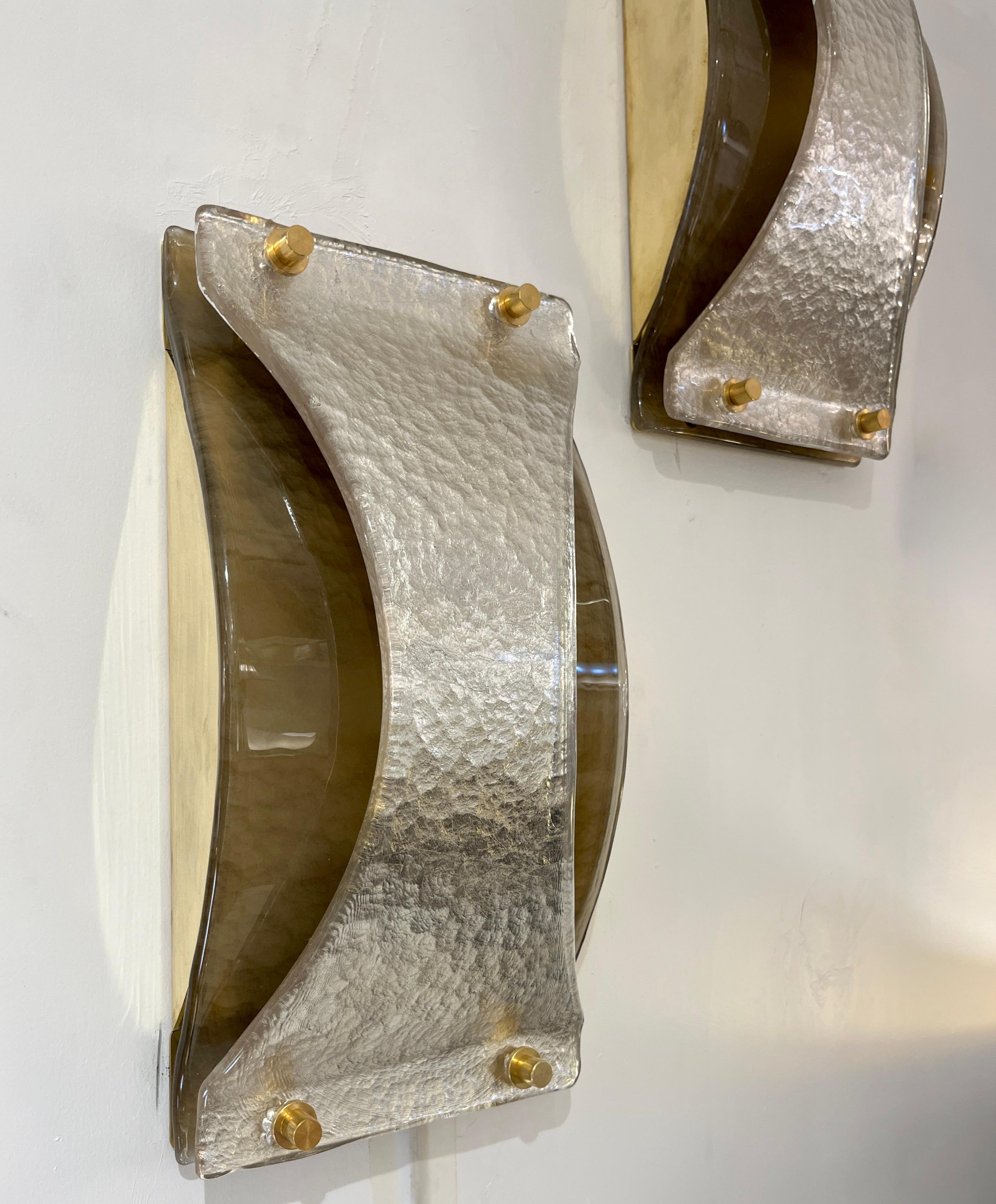 Italian Modern Pair Silver Leaf Smoked Murano Glass Organic Design Brass Sconces For Sale 3