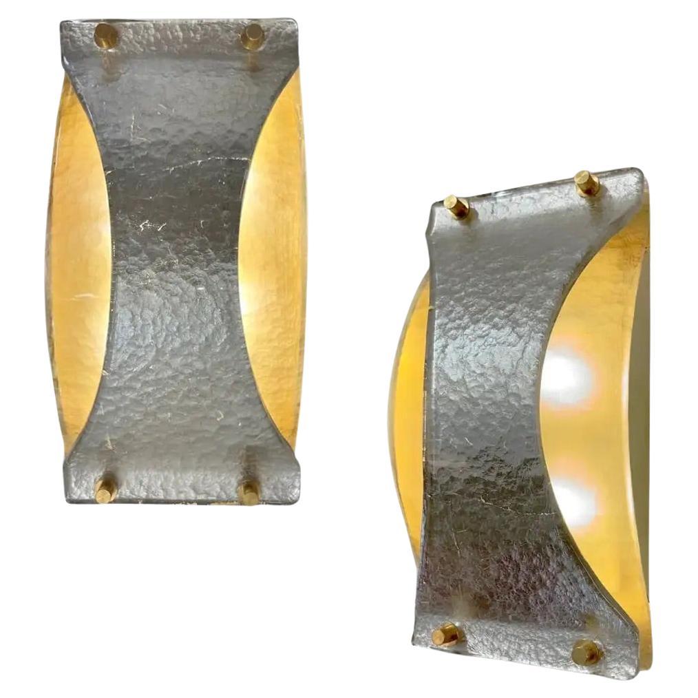 Italian Modern Pair Silver Leaf Smoked Murano Glass Organic Design Brass Sconces