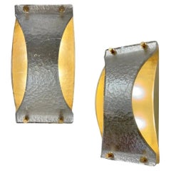 Italian Modern Pair Silver Leaf Smoked Murano Glass Organic Design Brass Sconces