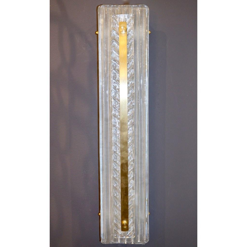 Contemporary Italian Modern Pair Tall White Crystal Clear Leaf Textured Murano Brass Sconces For Sale