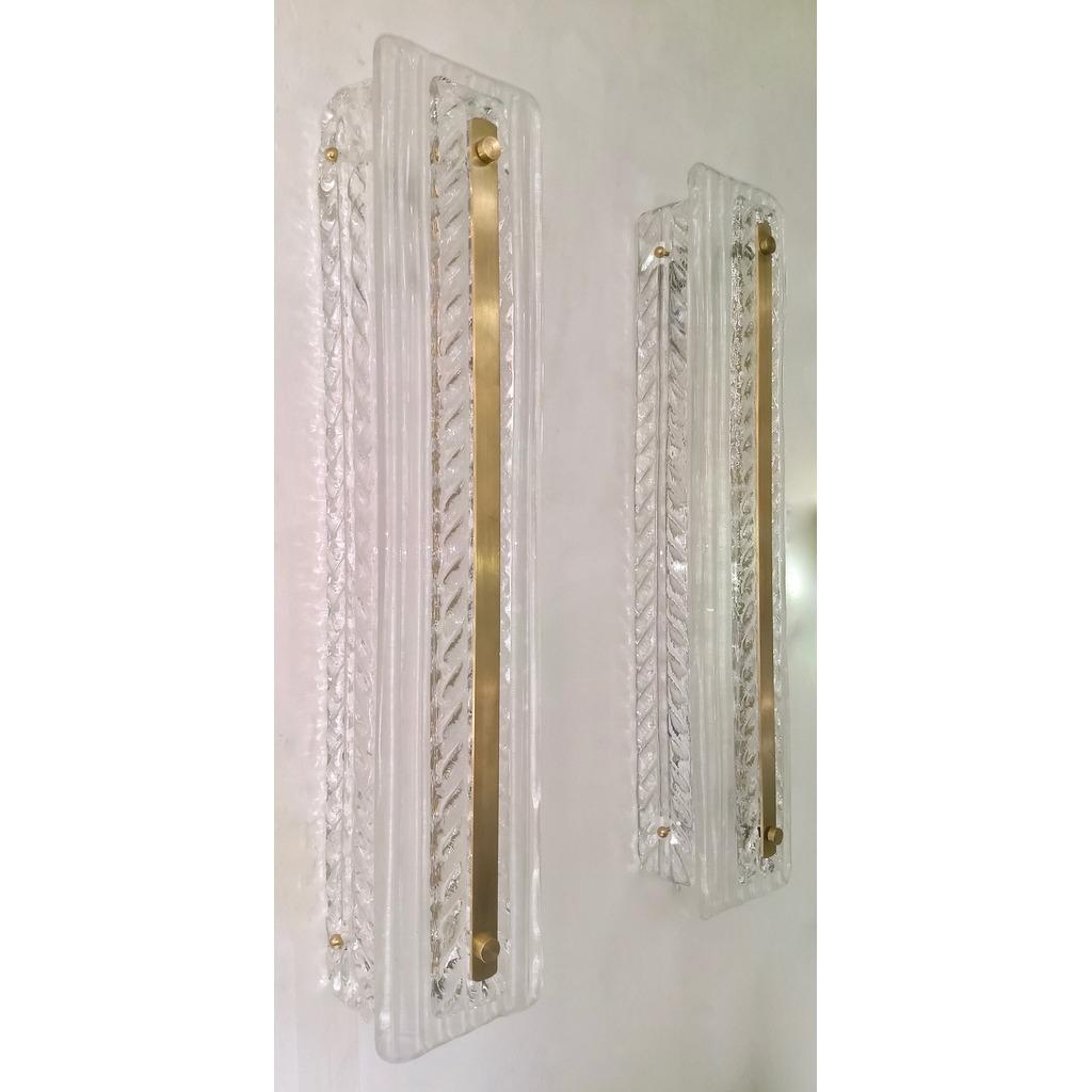 Italian Modern Pair Tall White Crystal Clear Leaf Textured Murano Brass Sconces For Sale 1