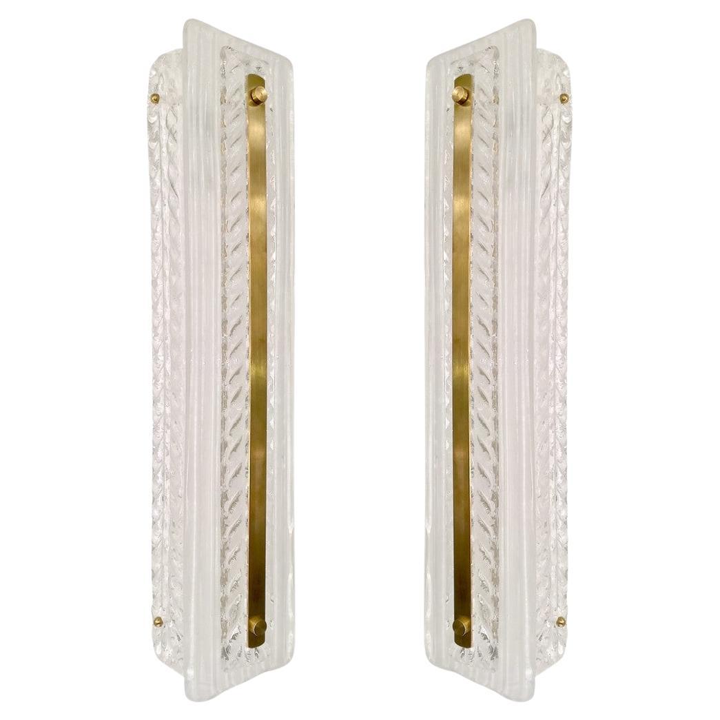 Italian Modern Pair Tall White Crystal Clear Leaf Textured Murano Brass Sconces For Sale