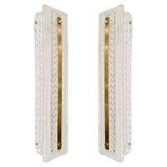Italian Modern Pair Tall White Crystal Clear Leaf Textured Murano Brass Sconces