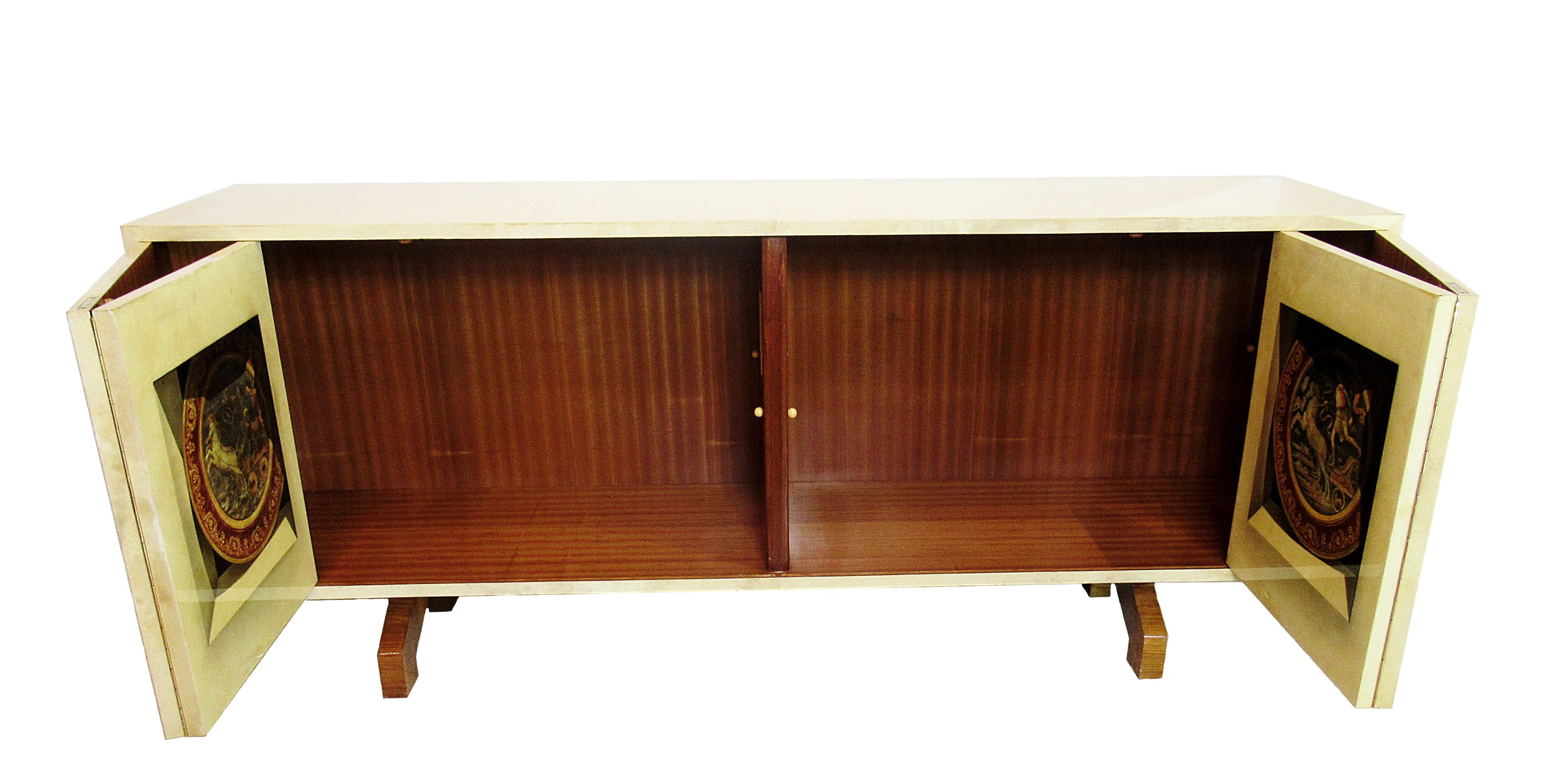 Italian Modern Parchment, Palisander and Trompe L'oeil Credenza, Aldo Tura In Excellent Condition For Sale In Hollywood, FL