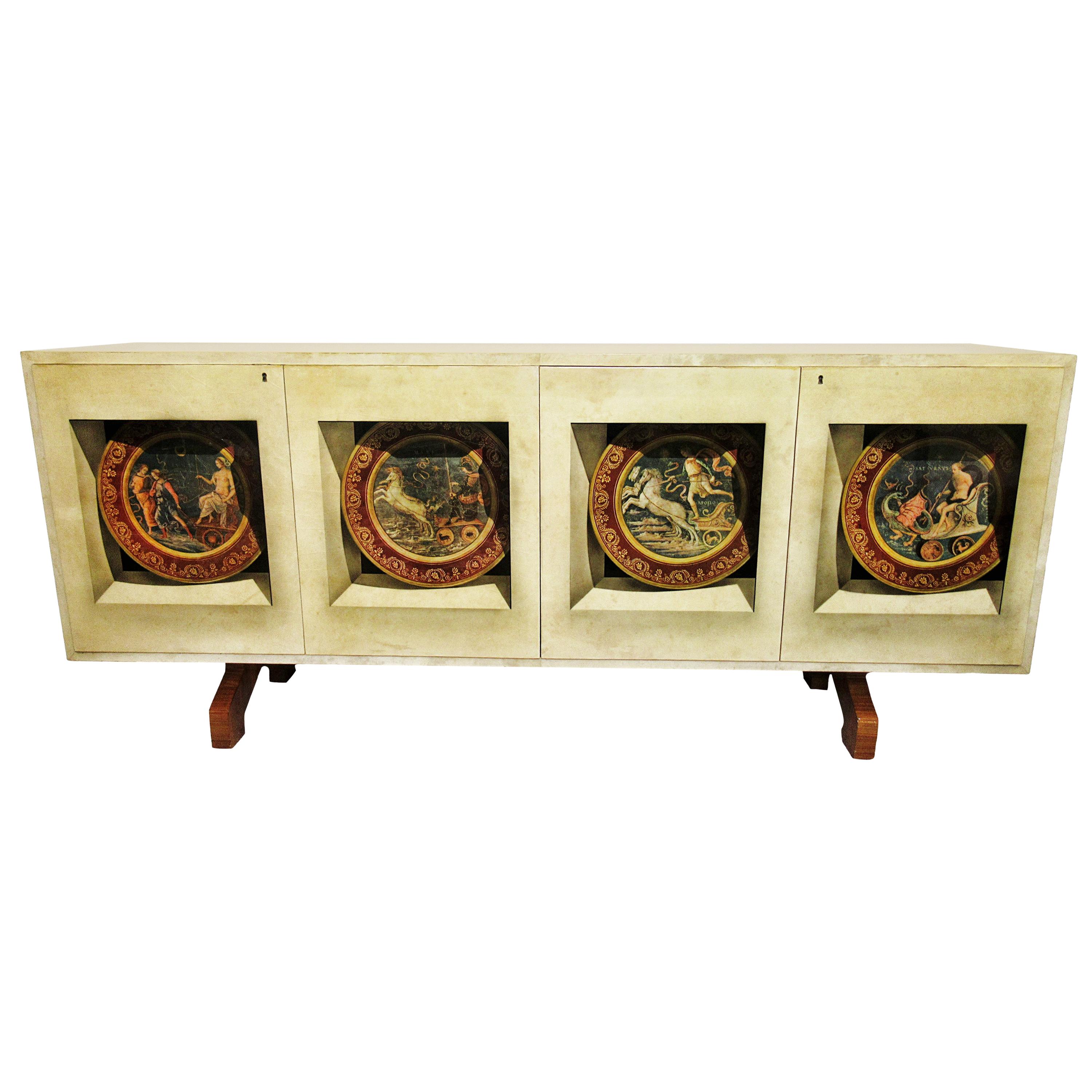 Italian Modern Parchment, Palisander and Trompe L'oeil Credenza, Aldo Tura For Sale