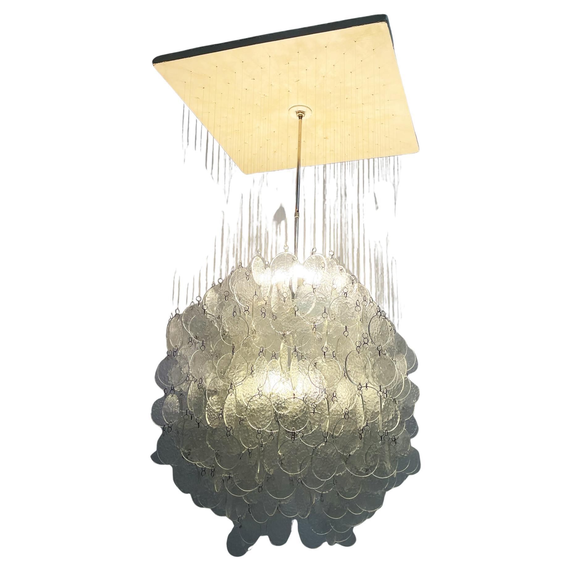 Italian modern pendant chandelier in glass, aluminum and white wood, 1970s