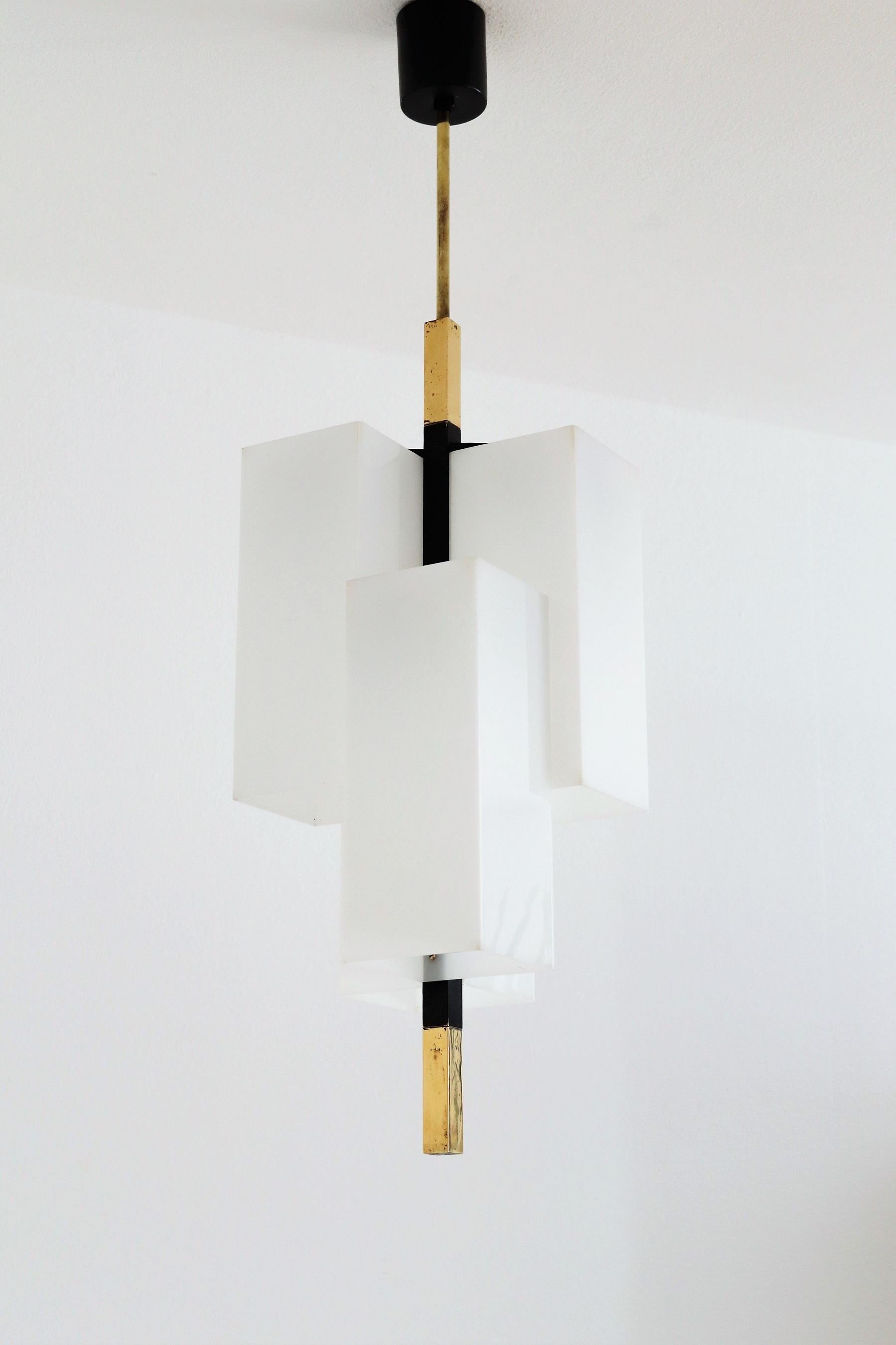 Metal Italian Modern Pendant Light in Acrylic and Brass by Stilux Milano, 1970s For Sale