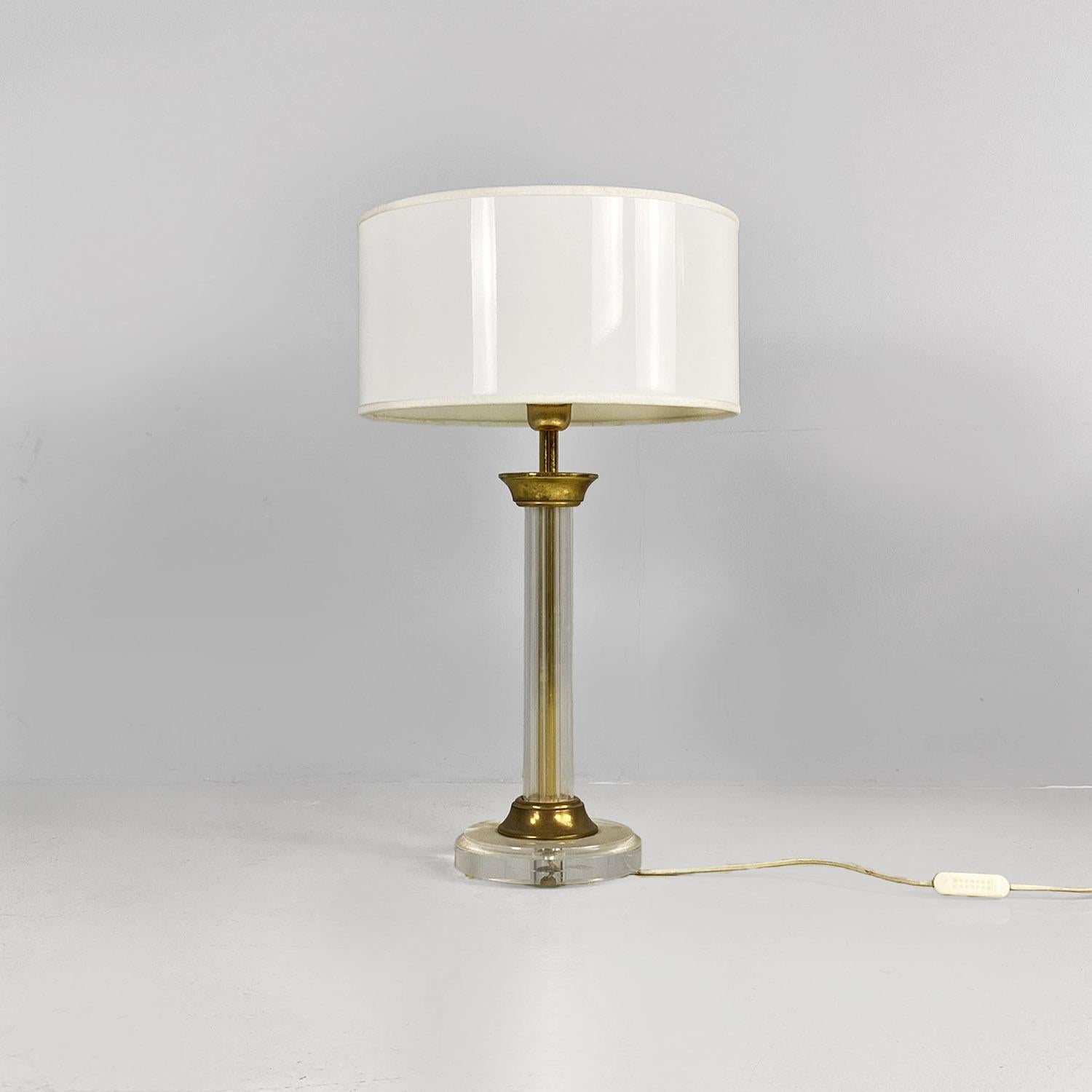 Modern Italian modern plexiglass and brass table lamp with glossy white lampshade 1970s For Sale