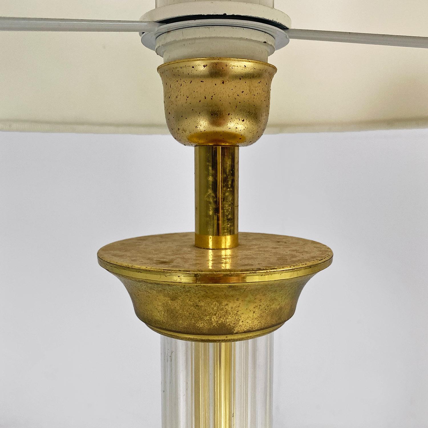 Brass Italian modern plexiglass and brass table lamp with glossy white lampshade 1970s For Sale