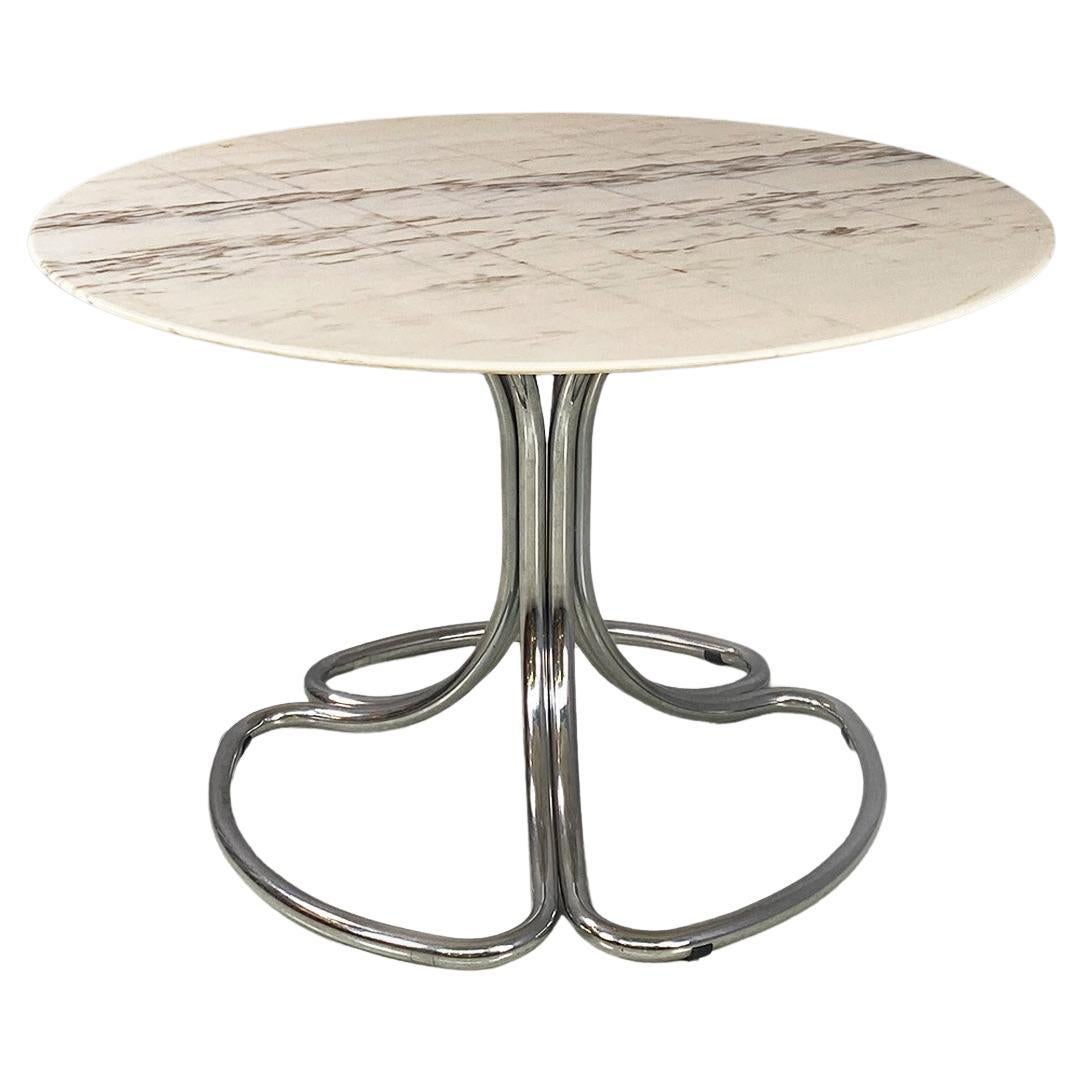Mesa de comedor redonda italiana moderna de mármol portugués y acero cromado, años 70