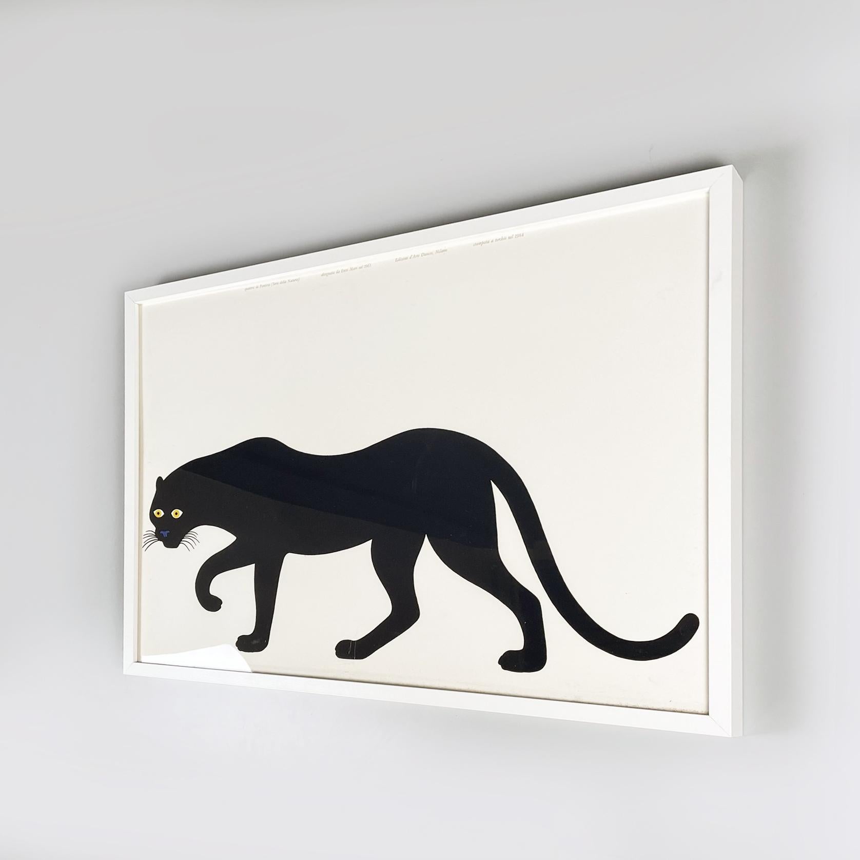 Italian modern Press-print la Pantera by Enzo Mari, 1984
Print named la Pantera (the panther) from the Natura series on white paper. The painting represent the silhouette of a black panther in profile view, with yellow eyes and blue nose. In white