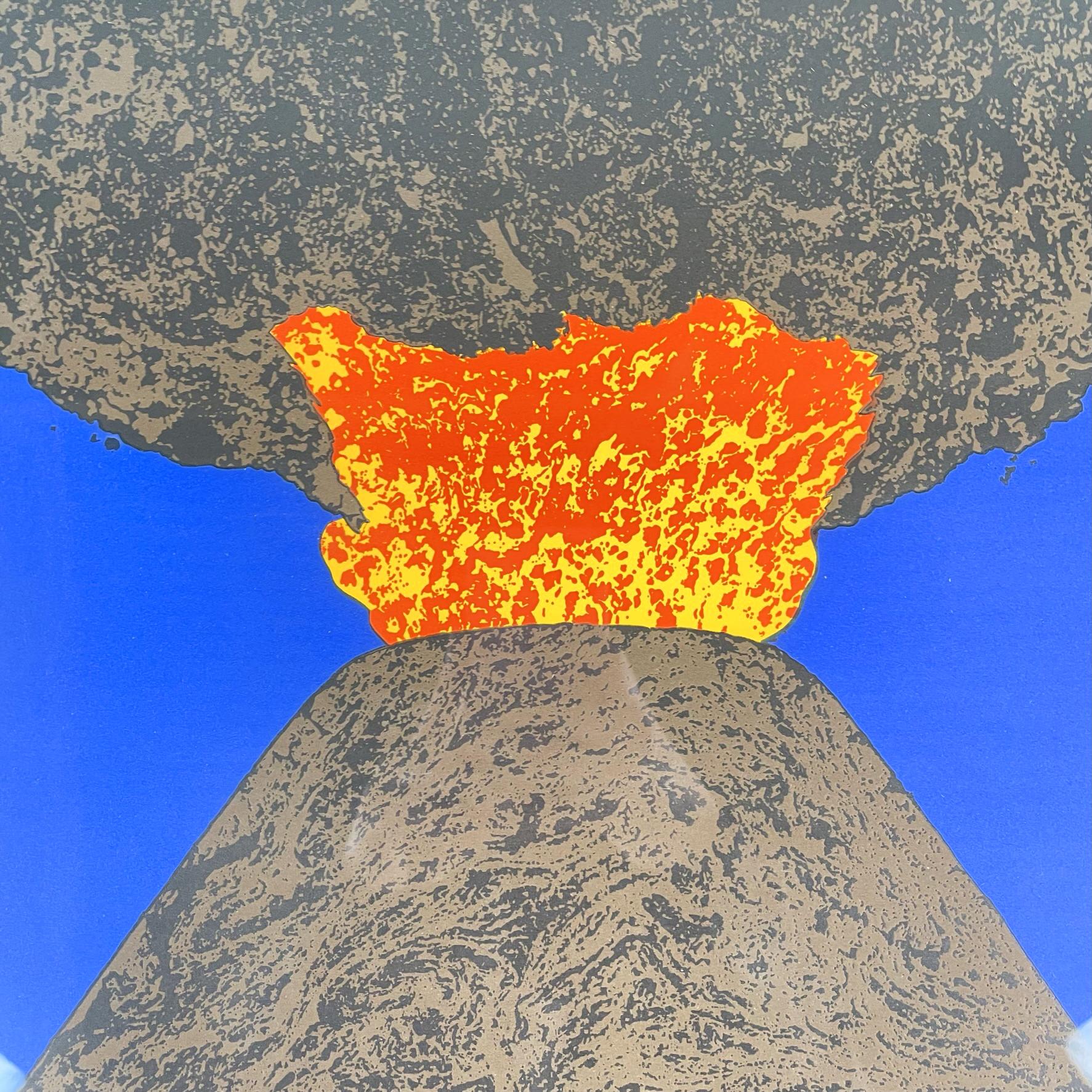 Italian modern Press-print erupting volcano by Enzo Mari, 1984
Print named il Vulcano (the volcano) from the Natura series on white paper. The painting represent the silhouette of a brown volcano that is spewing smoke and red and yellow lava, on a