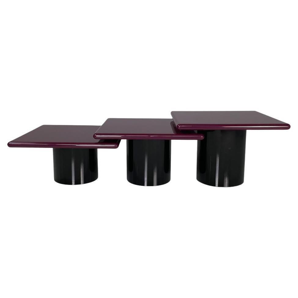Italian Modern purple glossy lacquered wood and metal coffee tables, 1970s