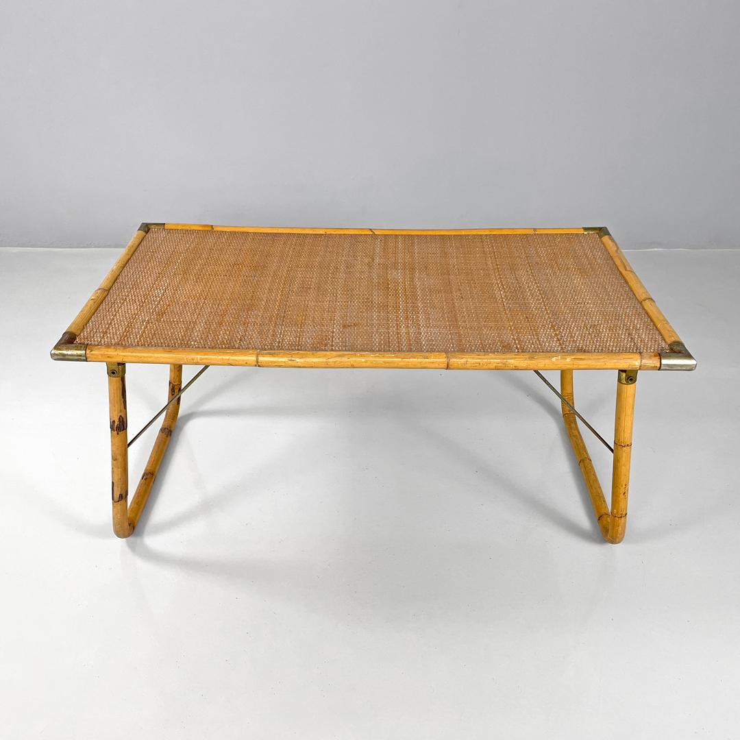 Brass Italian modern rattan and brass folding table by Dal Vera, 1970s For Sale