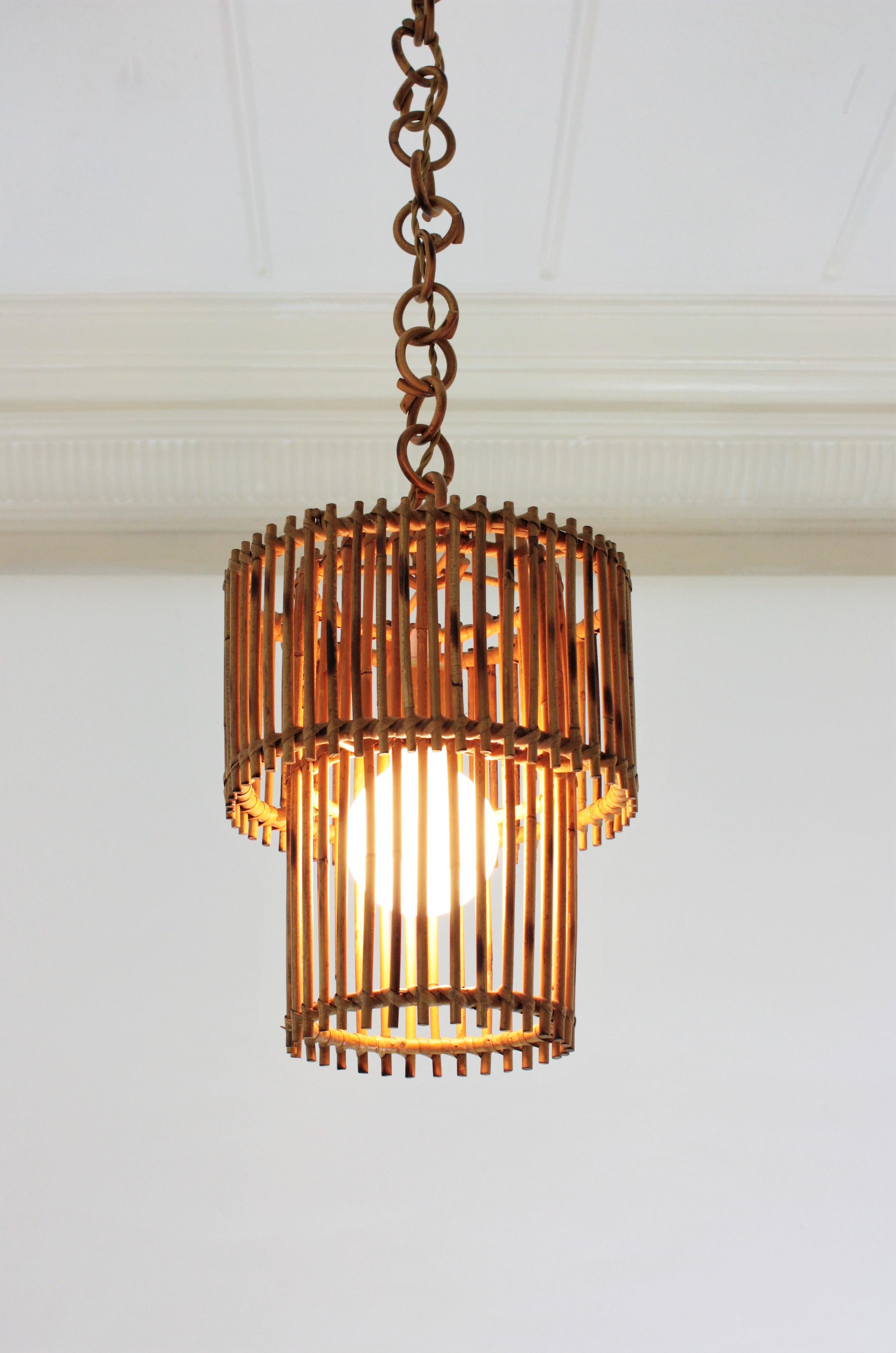 20th Century  Rattan Cylinder Pendant Hanging Light or Lantern, 1960s For Sale