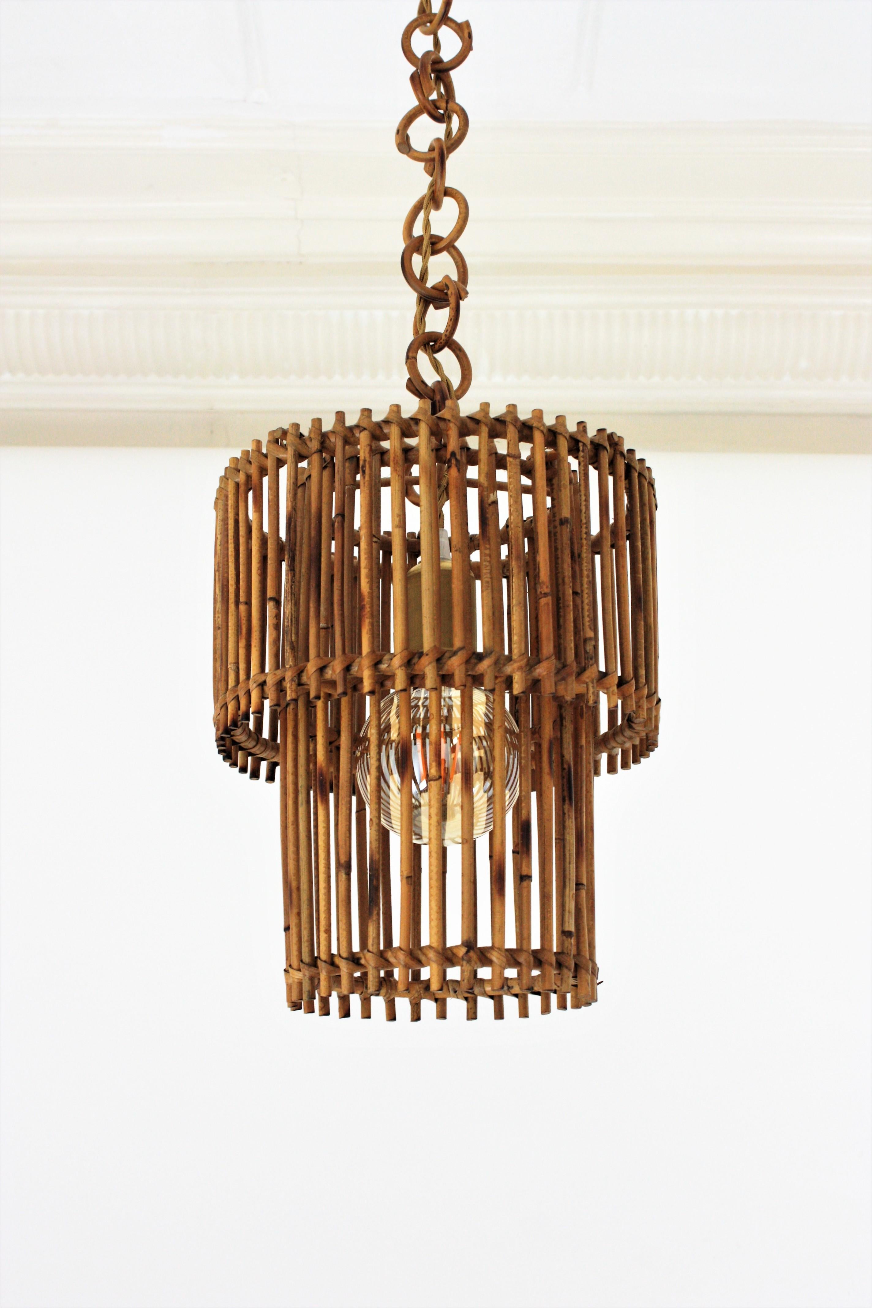  Rattan Cylinder Pendant Hanging Light or Lantern, 1960s For Sale 1