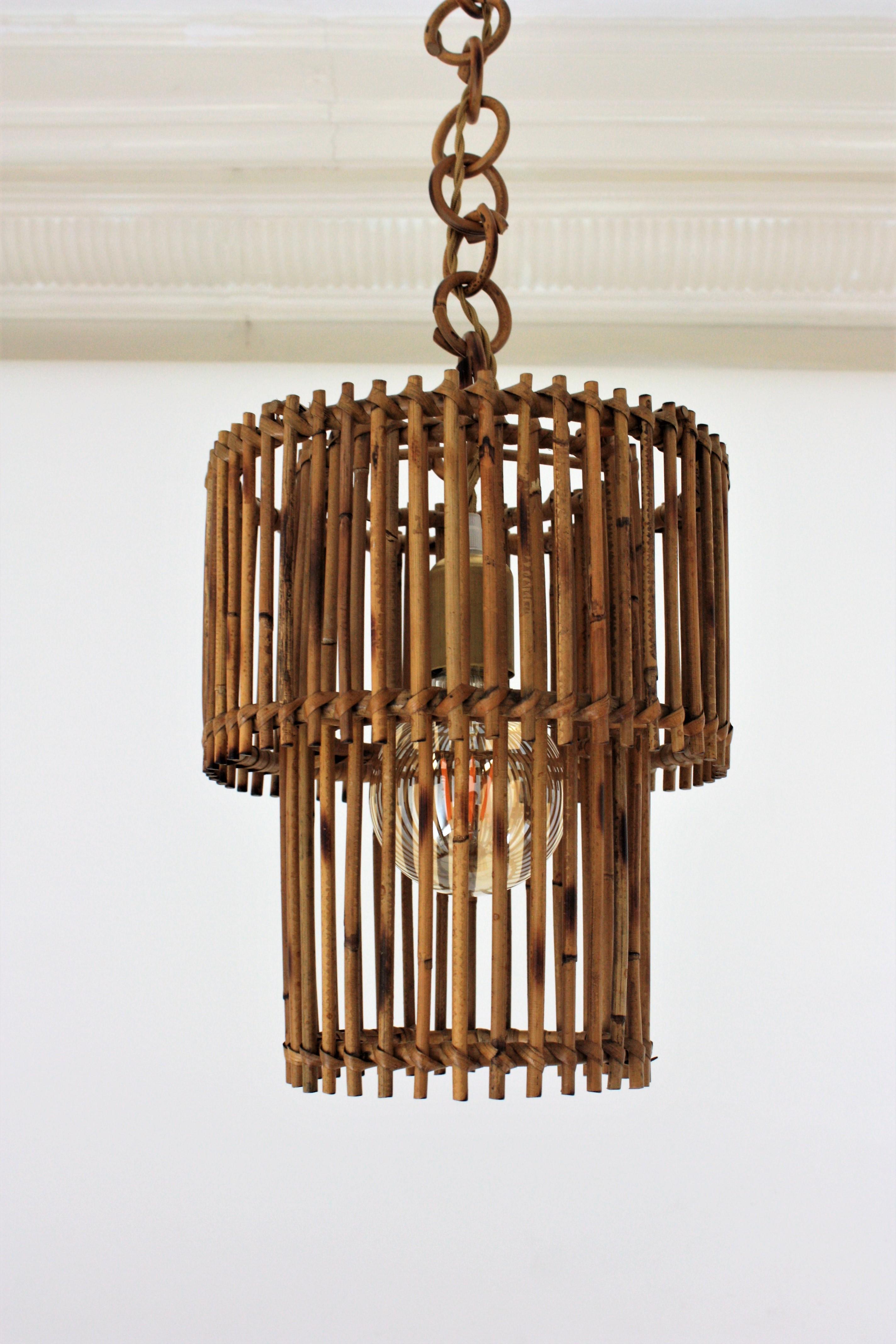  Rattan Cylinder Pendant Hanging Light or Lantern, 1960s For Sale 3