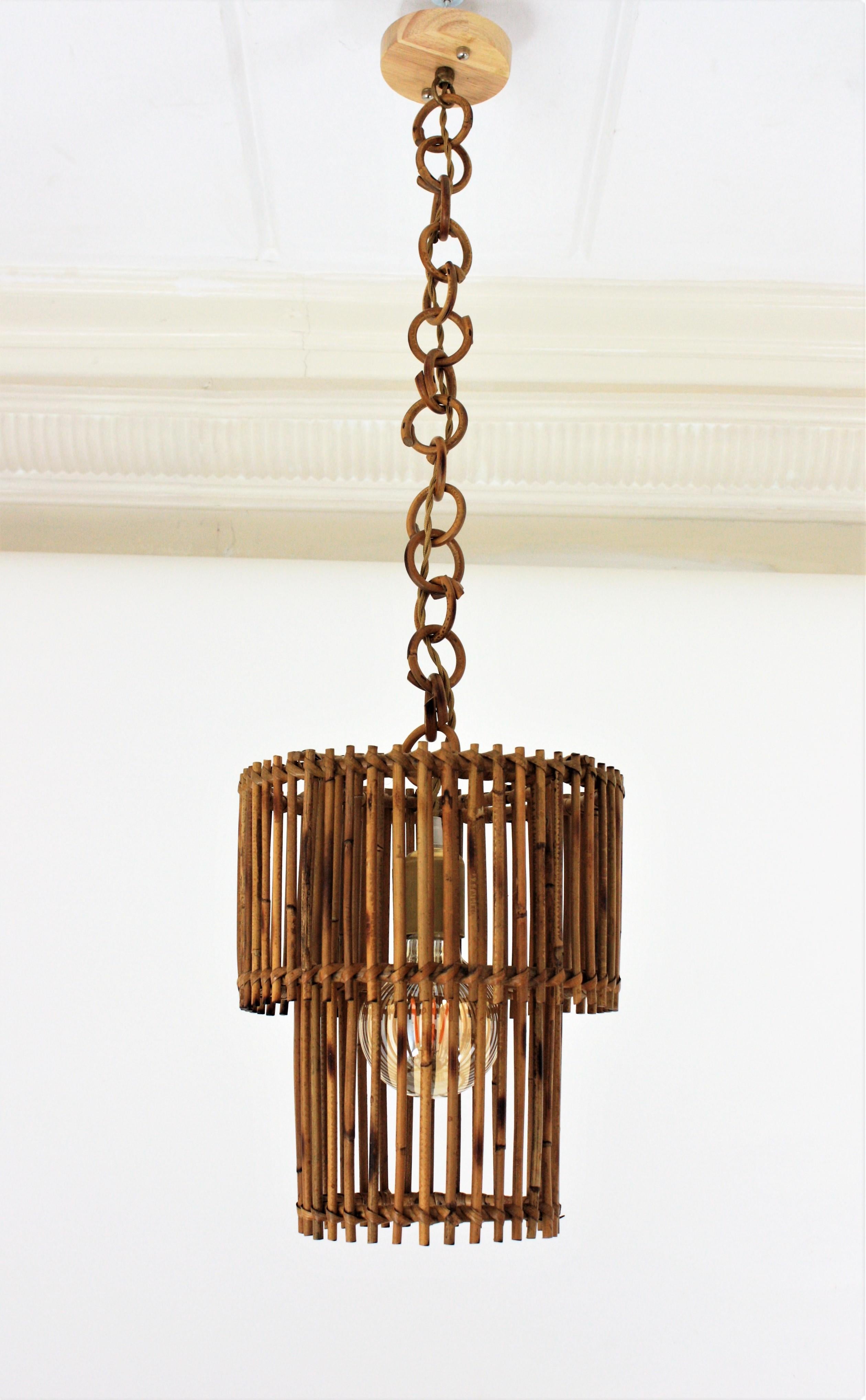  Rattan Cylinder Pendant Hanging Light or Lantern, 1960s For Sale 4