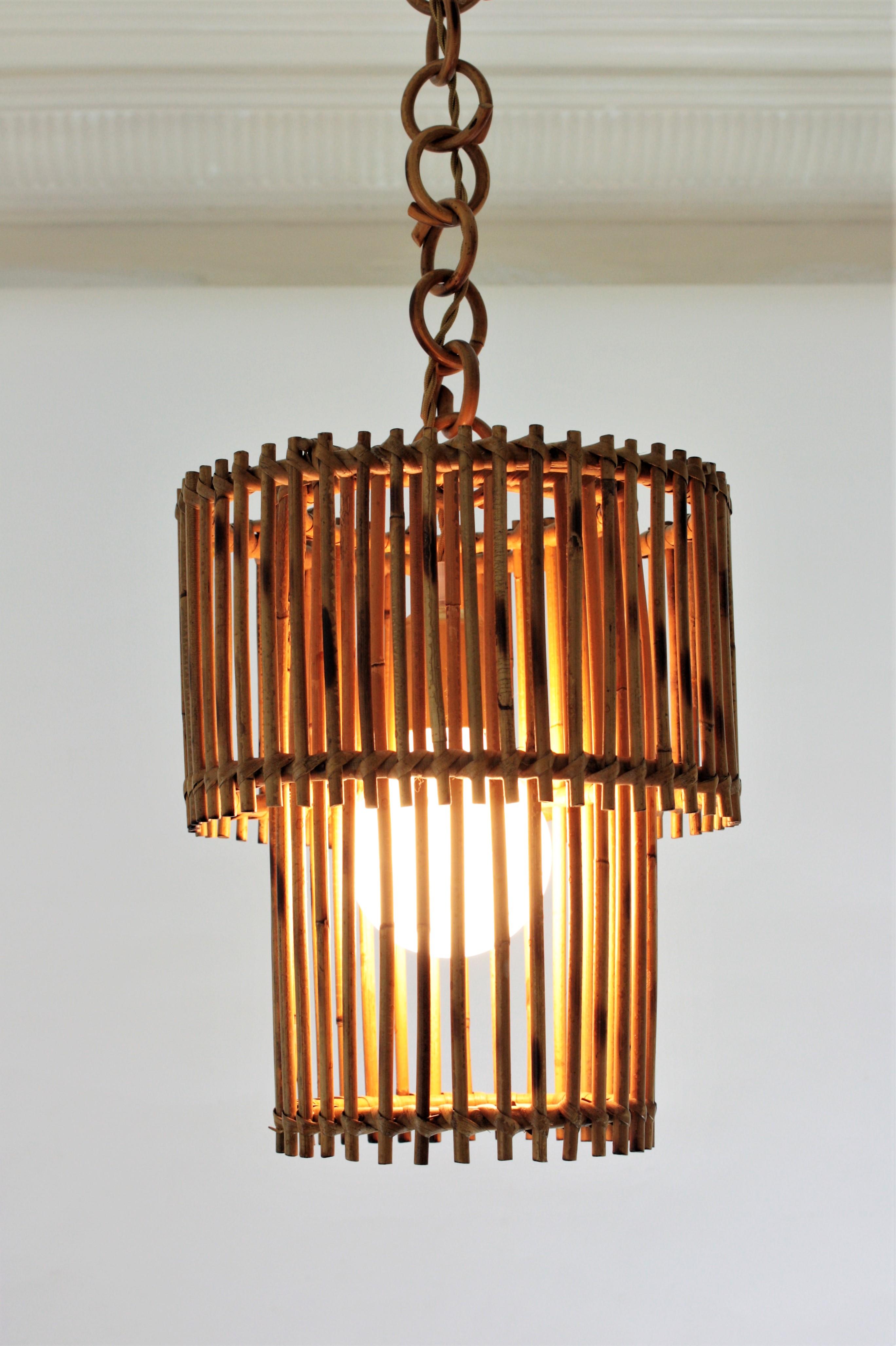  Rattan Cylinder Pendant Hanging Light or Lantern, 1960s For Sale 5