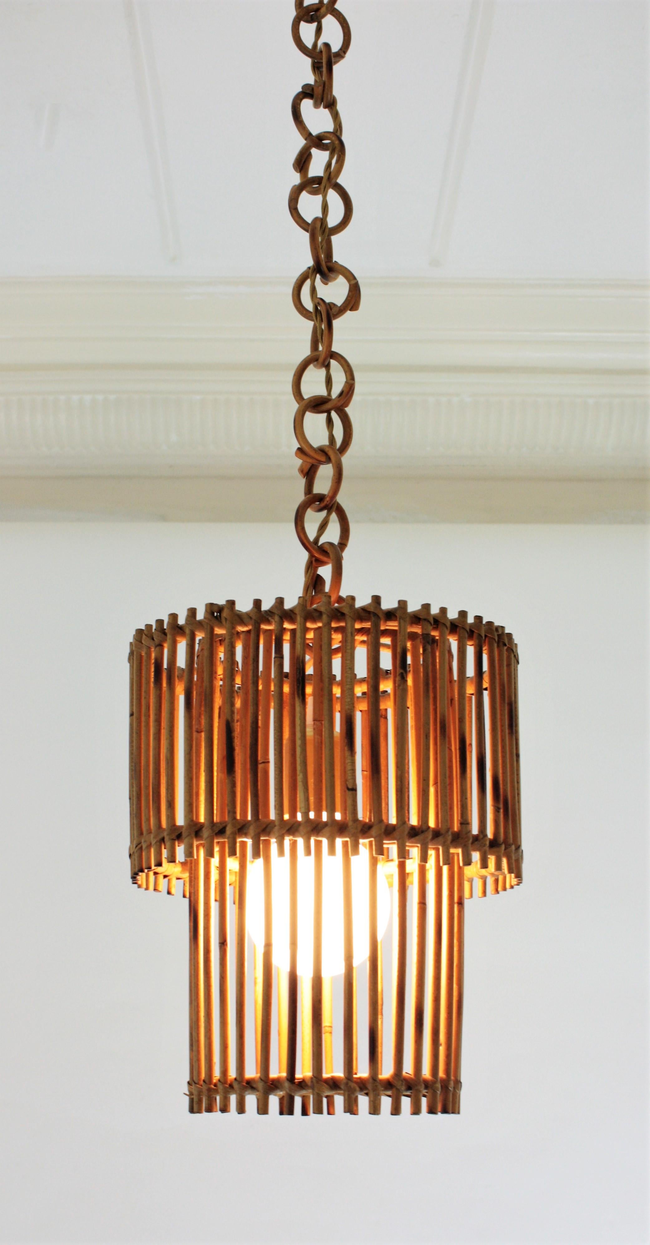  Rattan Cylinder Pendant Hanging Light or Lantern, 1960s For Sale 8