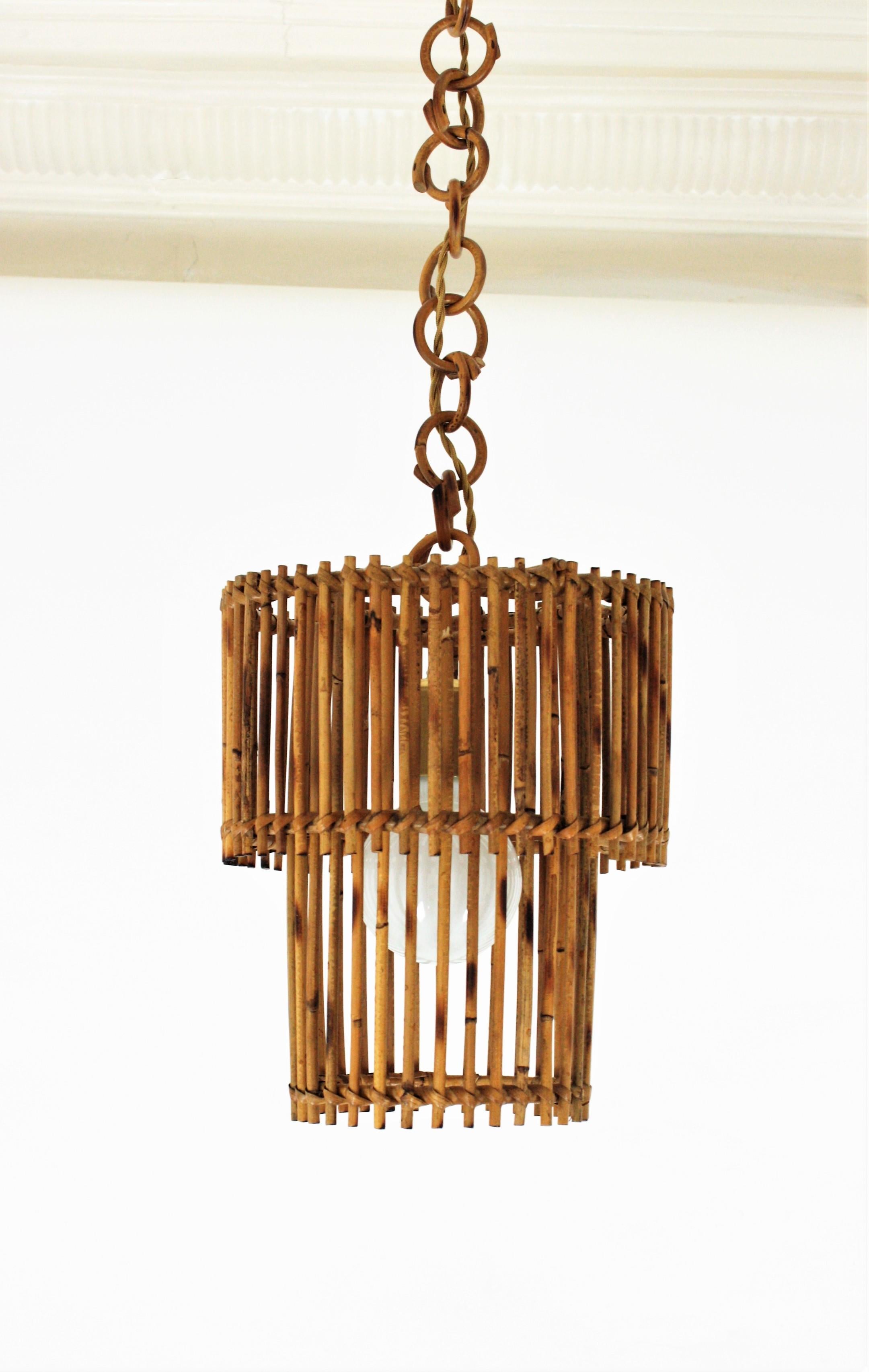 Chinoiserie  Rattan Cylinder Pendant Hanging Light or Lantern, 1960s For Sale